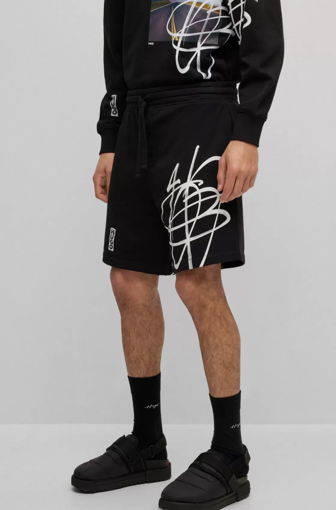 HUGO BOSS Relaxed-fit Cotton Shorts With Graffiti-inspired Logo Black Shop