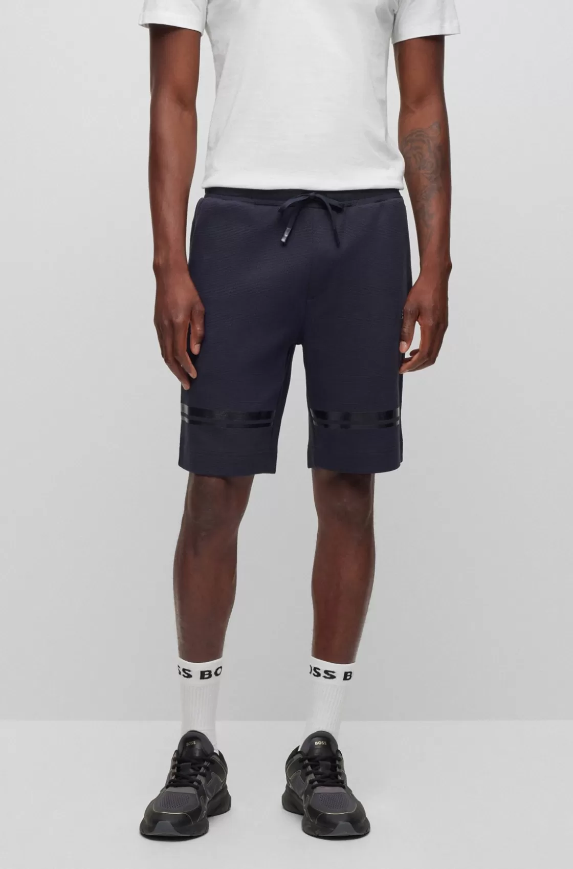 HUGO BOSS Relaxed-fit Cotton Shorts With Mirror-effect Stripes Dark Blue Store