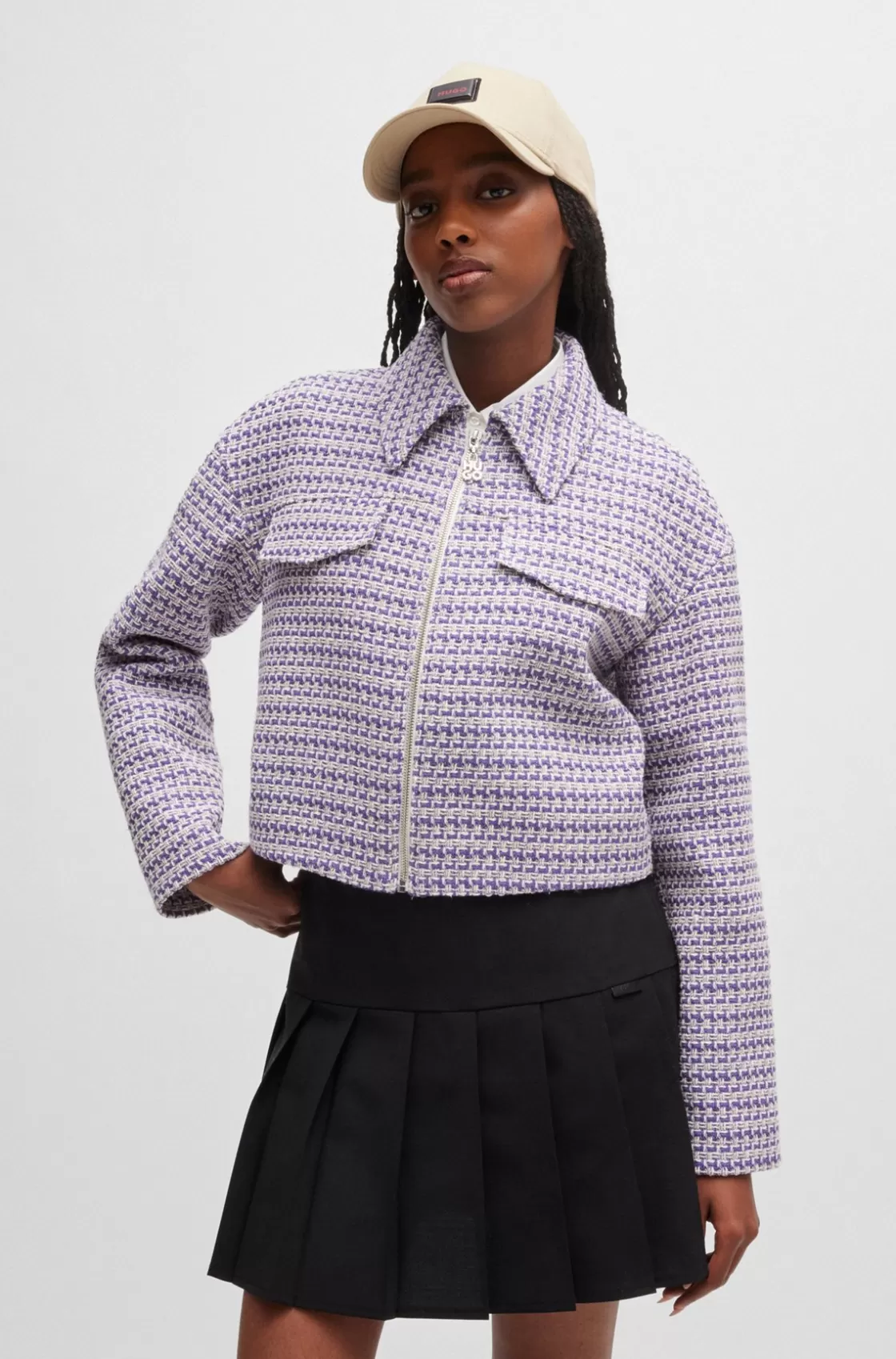 HUGO BOSS Relaxed-fit Cropped Jacket In A Bouclé Cotton Blend Patterned Outlet