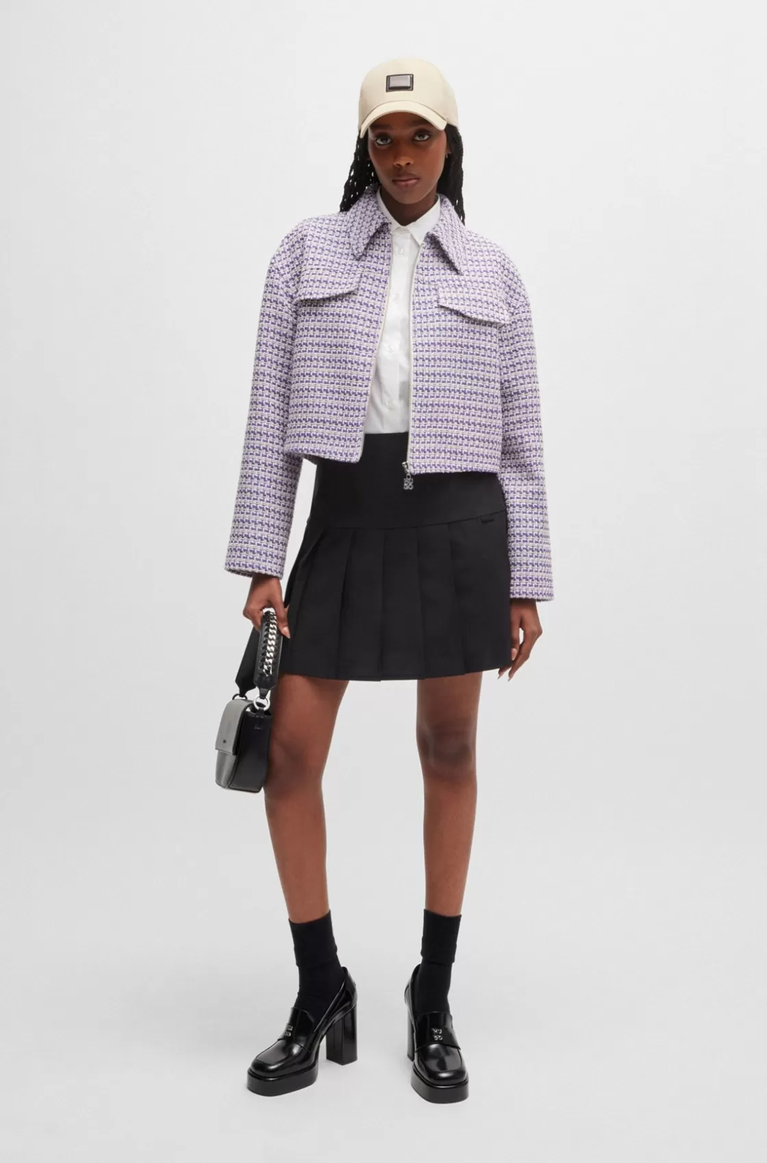 HUGO BOSS Relaxed-fit Cropped Jacket In A Bouclé Cotton Blend Patterned Outlet