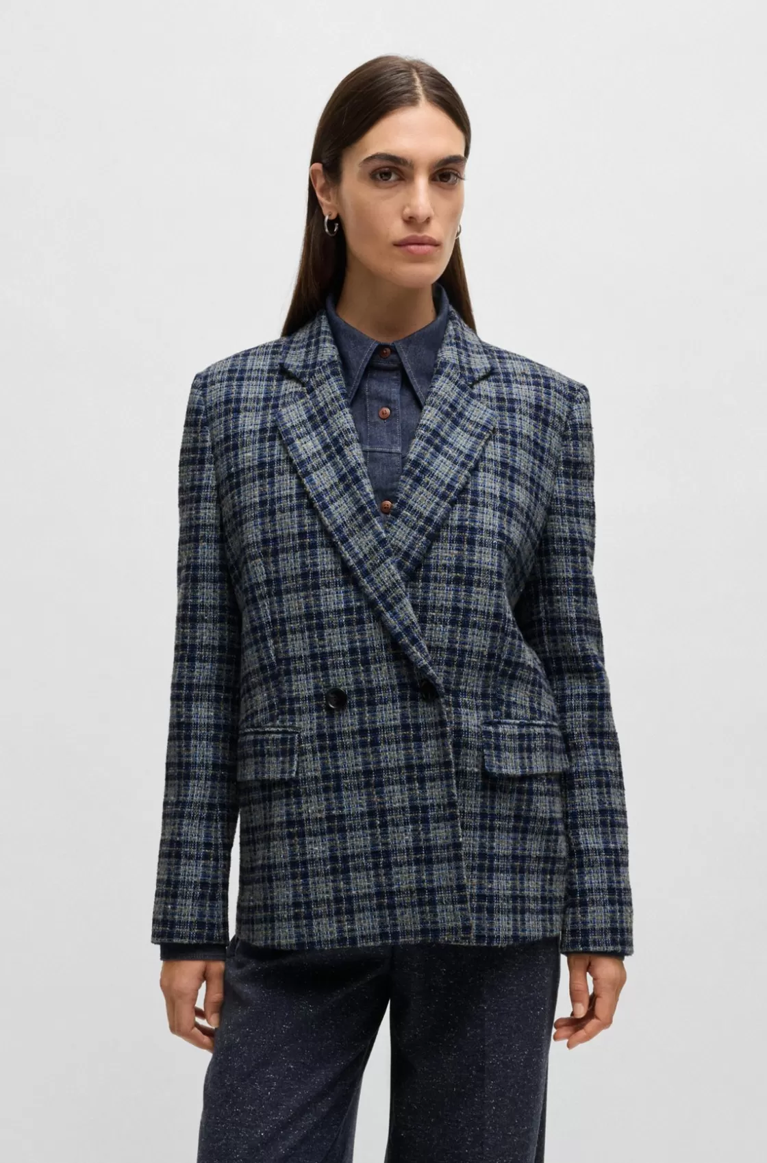 HUGO BOSS Relaxed-fit Double-breasted Jacket In Checked Tweed Patterned Clearance