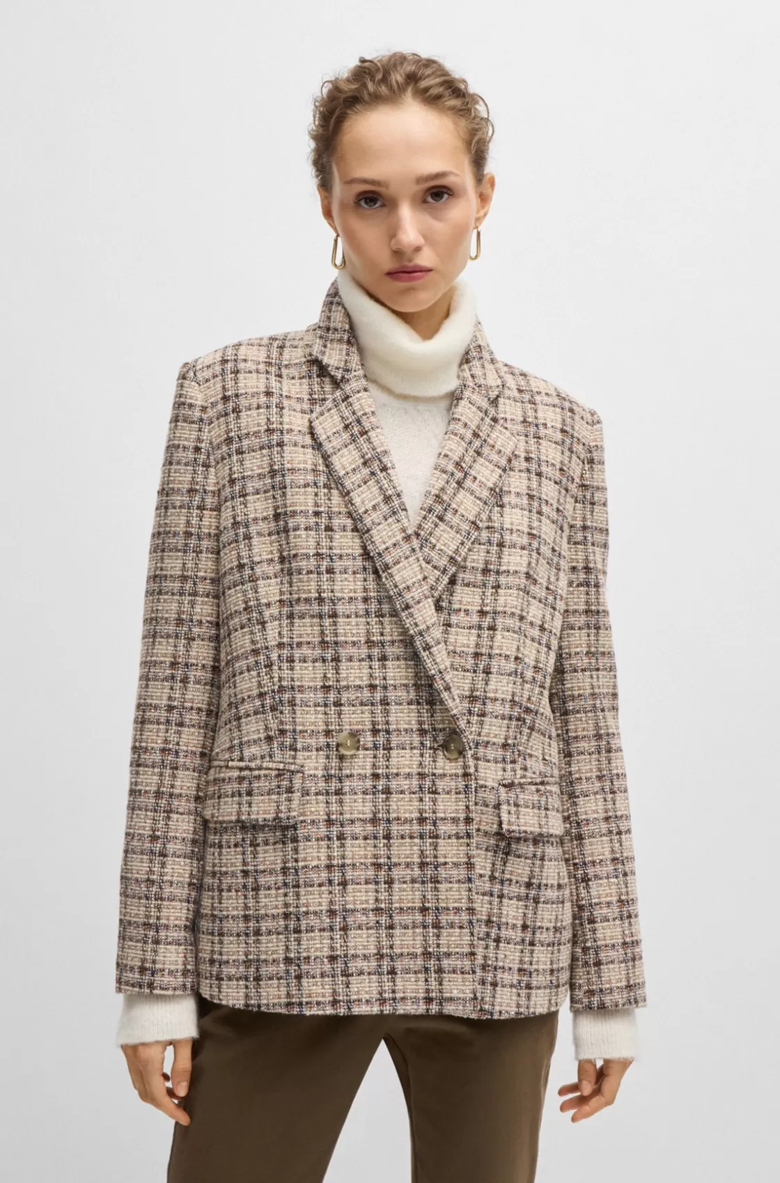 HUGO BOSS Relaxed-fit Double-breasted Jacket In Checked Tweed Patterned New