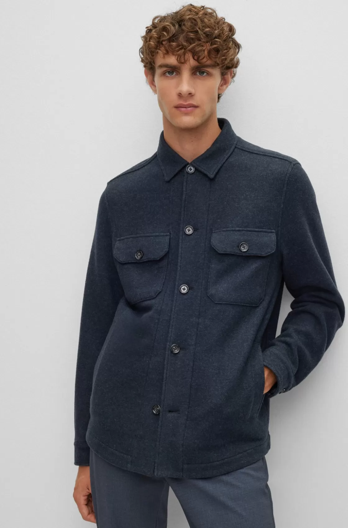 HUGO BOSS Relaxed-fit Jacket In Melange Wool-blend Jersey Dark Blue Discount
