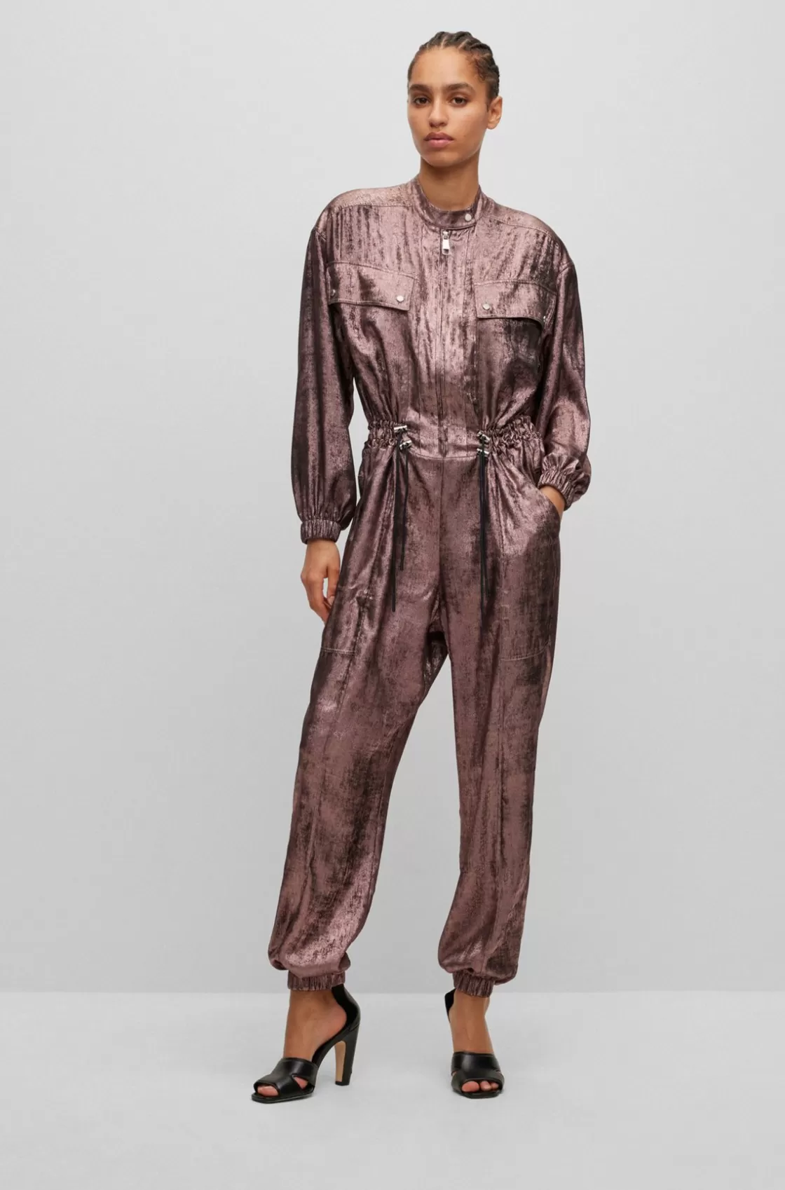 HUGO BOSS Relaxed-fit Jumpsuit In Metallic Material With Elastic Waist light pink Fashion