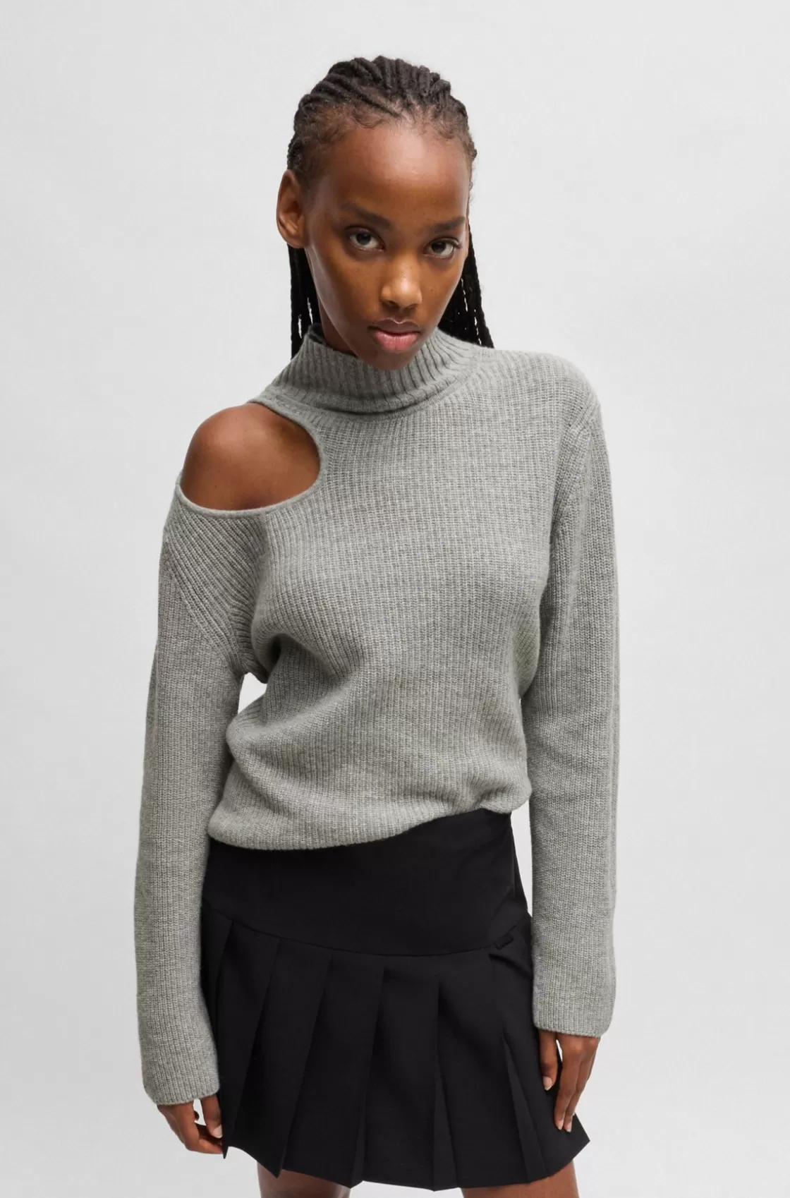 HUGO BOSS Relaxed-fit Mock-neck Sweater With Cut-out Detail Grey Fashion