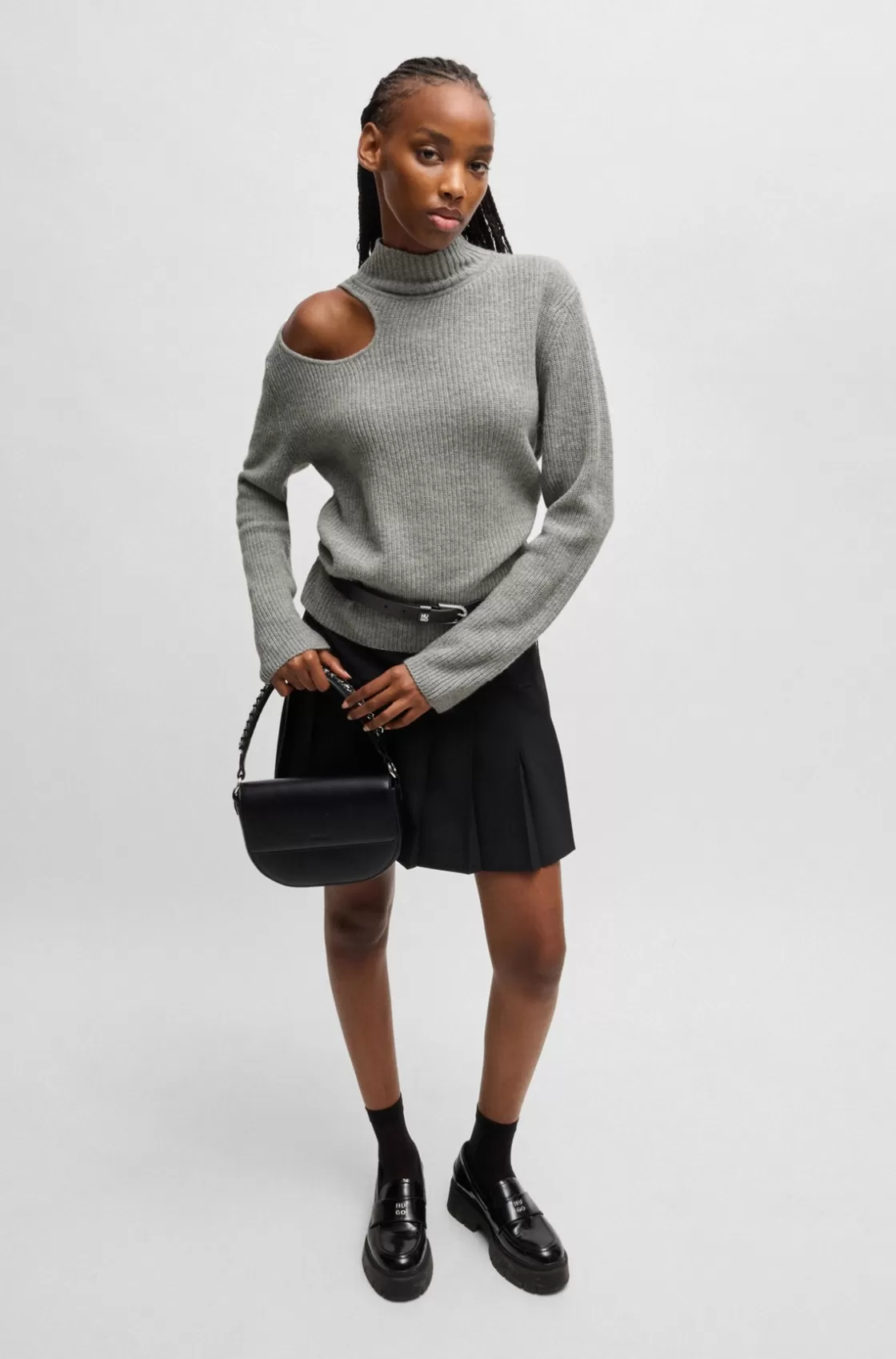 HUGO BOSS Relaxed-fit Mock-neck Sweater With Cut-out Detail Grey Fashion