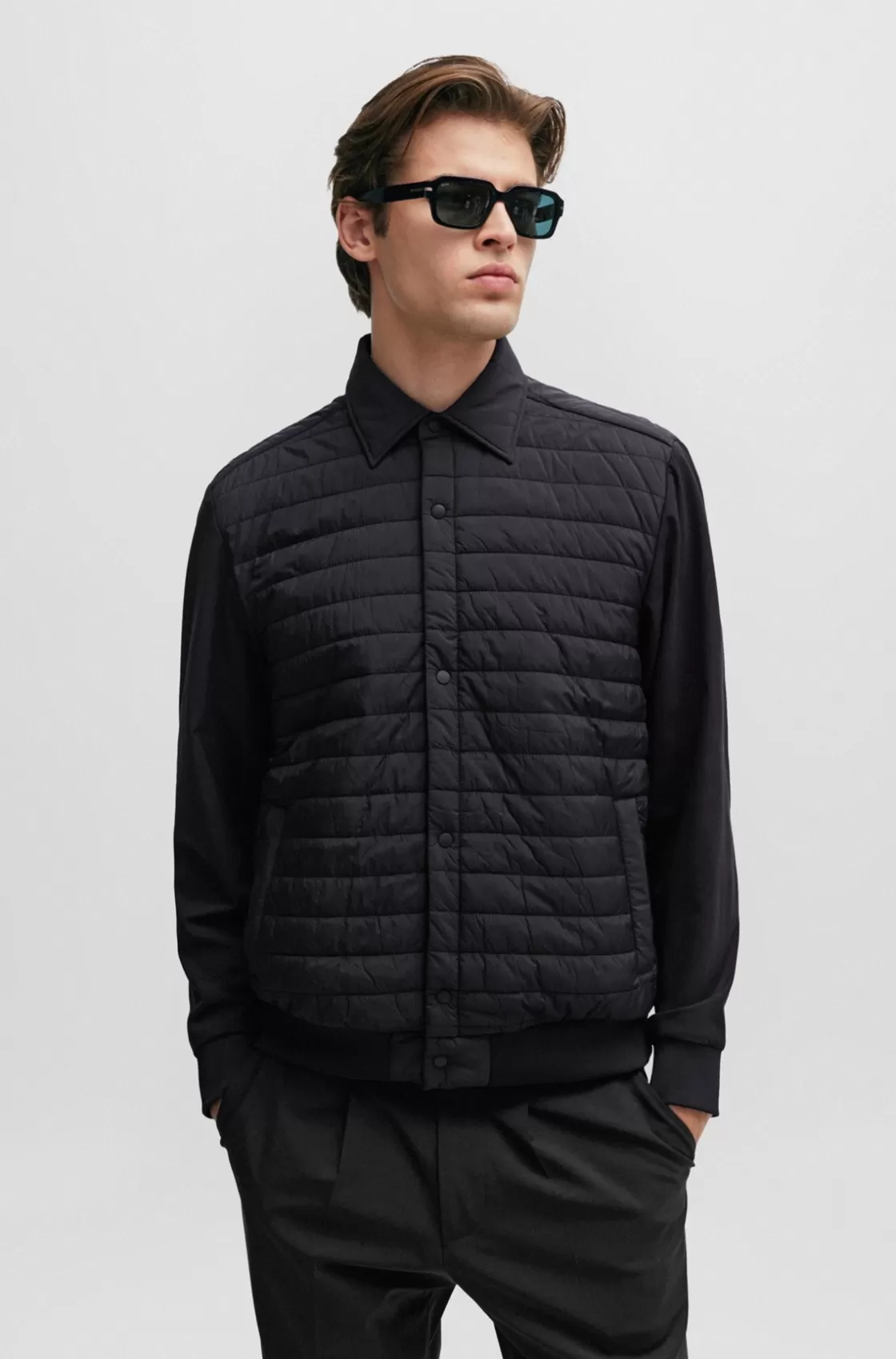 HUGO BOSS Relaxed-fit Overshirt In Mixed Materials With Padding Black New