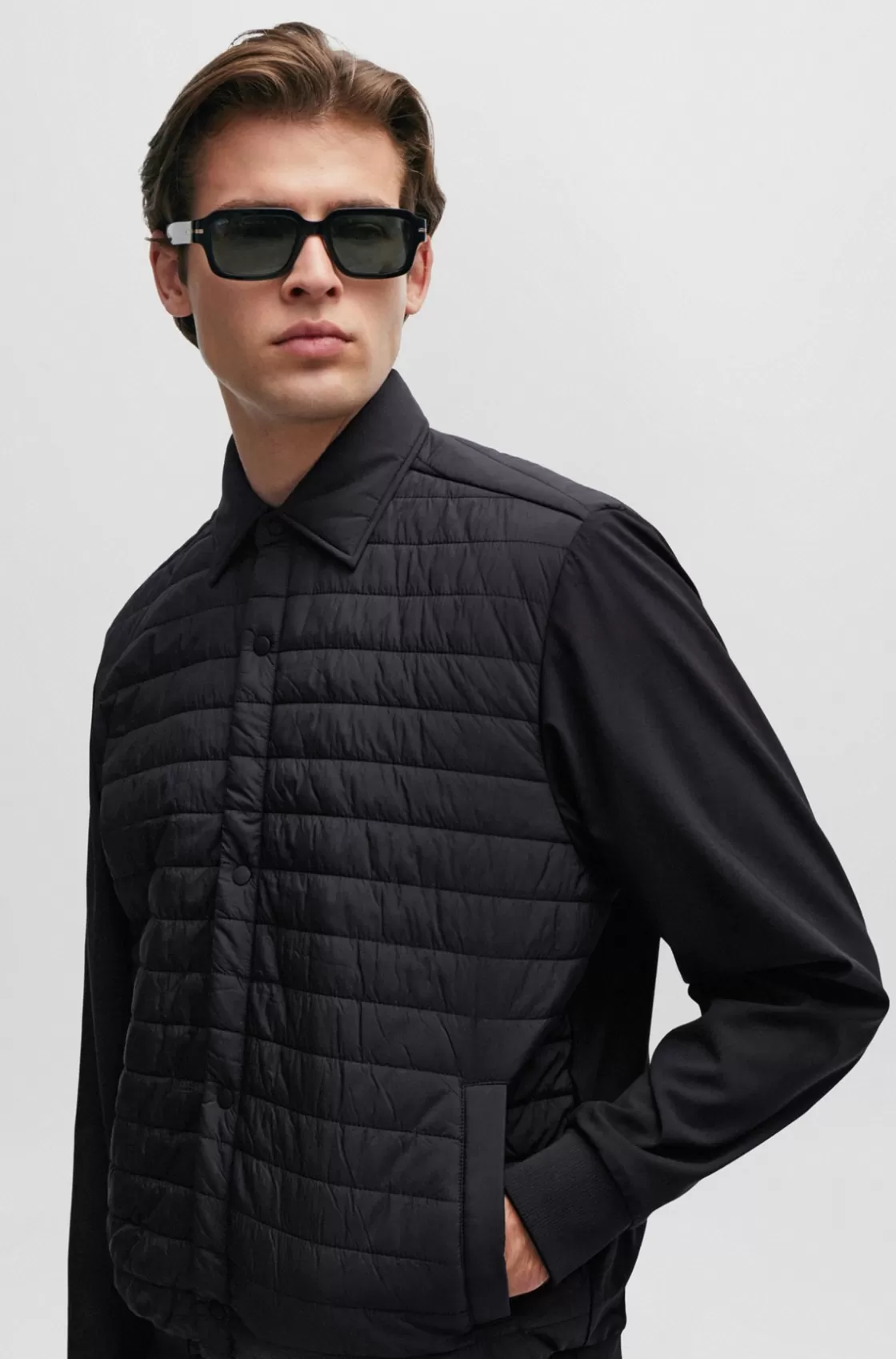 HUGO BOSS Relaxed-fit Overshirt In Mixed Materials With Padding Black New