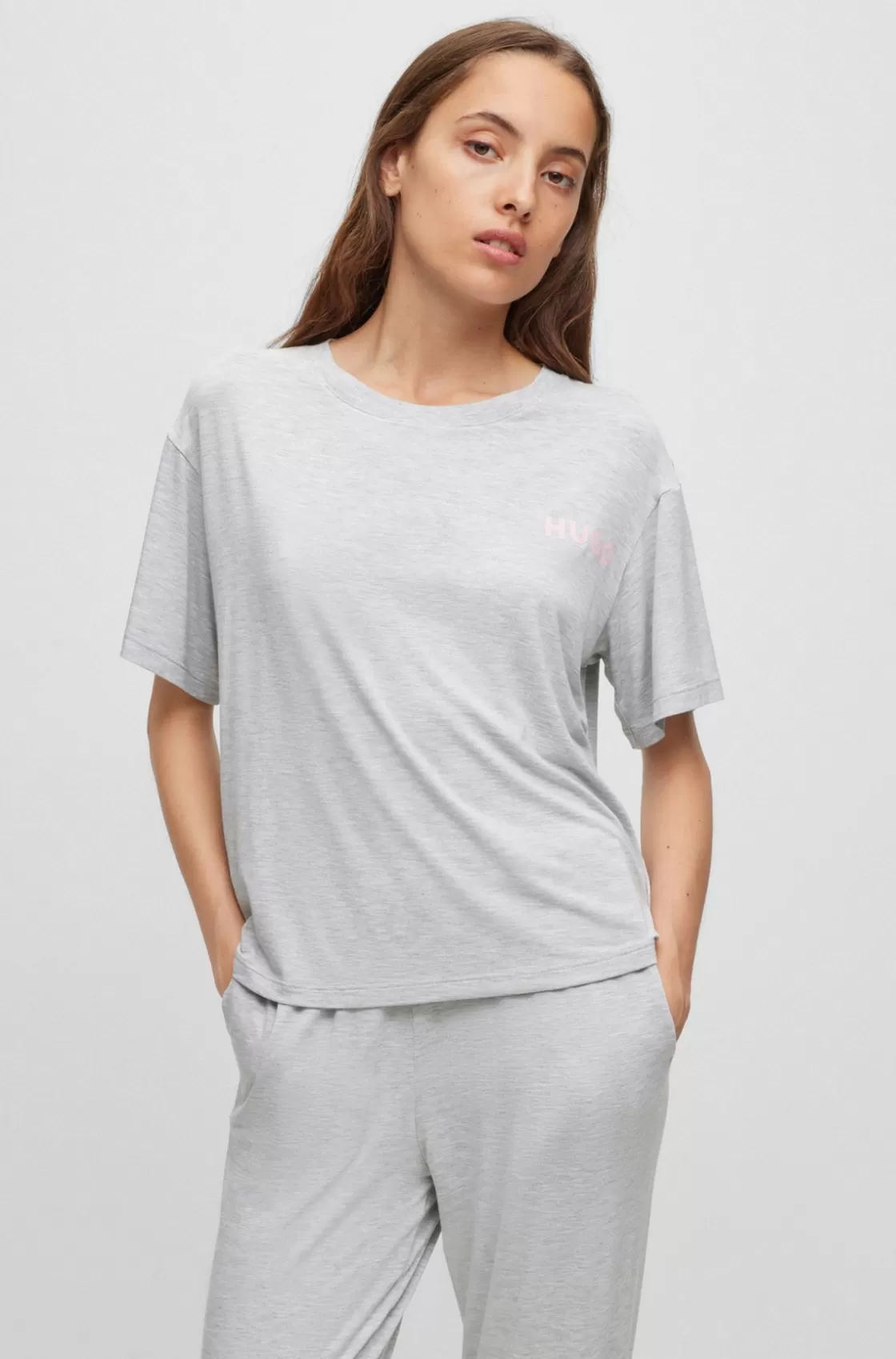 HUGO BOSS Relaxed-fit Pajama T-shirt With Printed Logo Grey Clearance