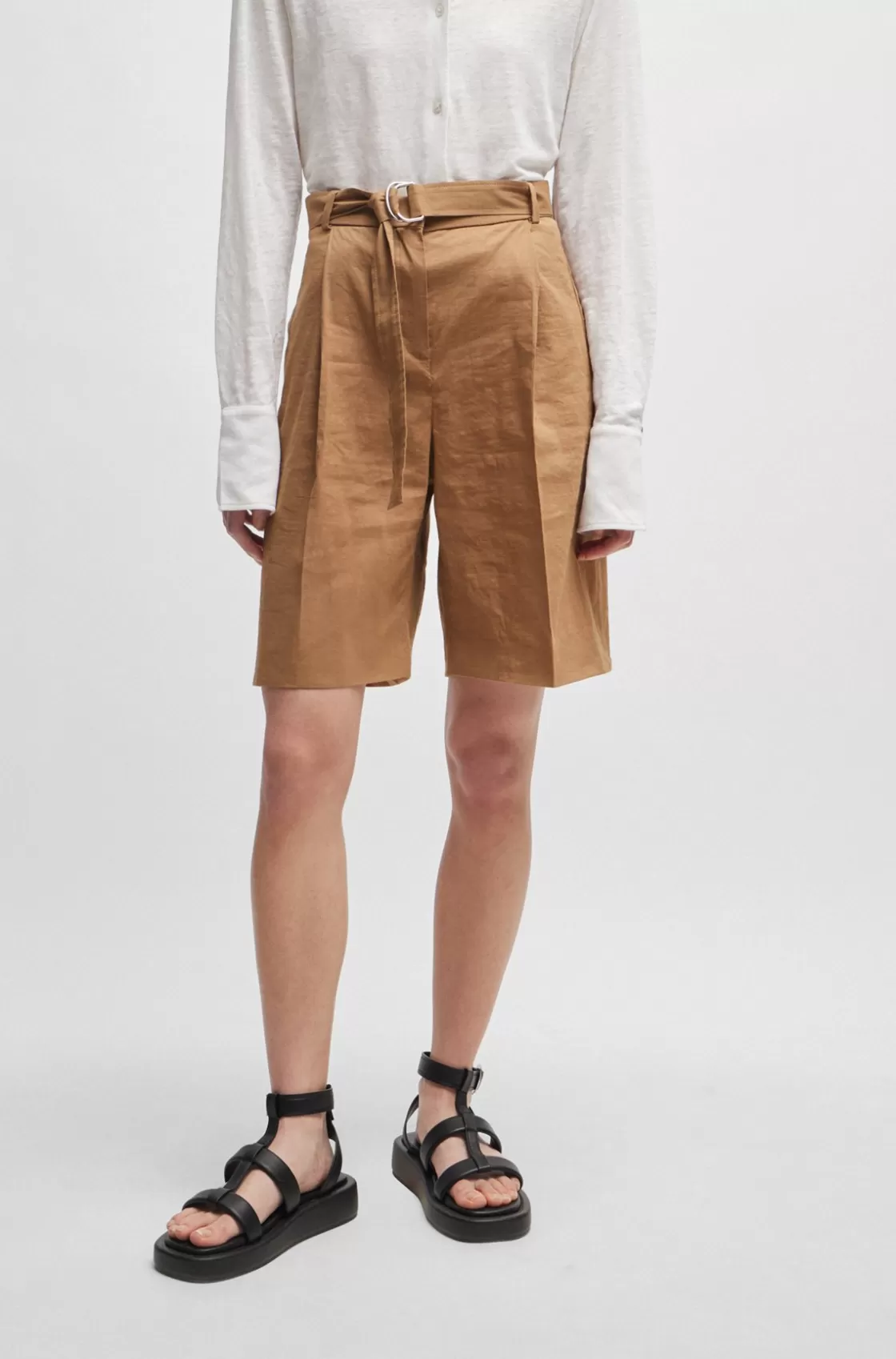 HUGO BOSS Relaxed-fit Shorts In A Stretch Linen Blend Beige Sale