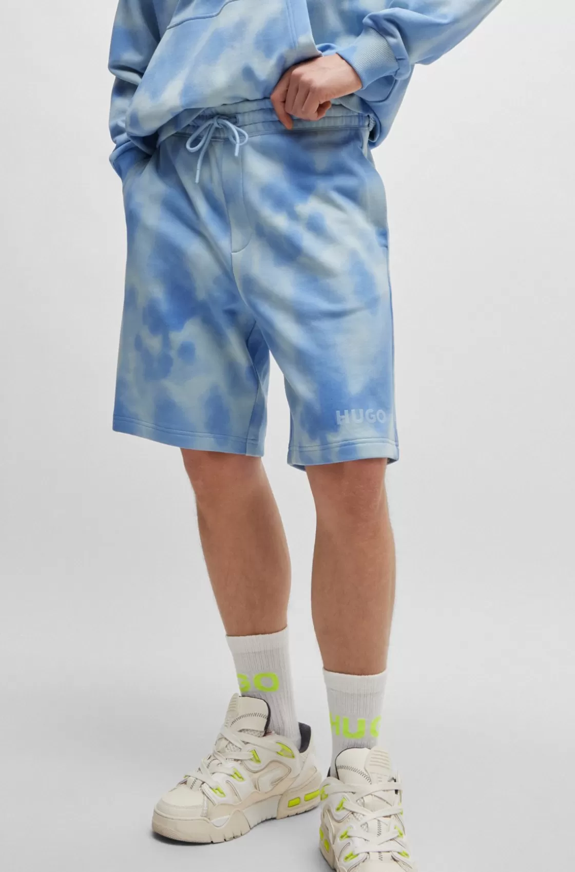 HUGO BOSS Relaxed-fit Shorts In Cotton Terry With Seasonal Print Light Blue Clearance