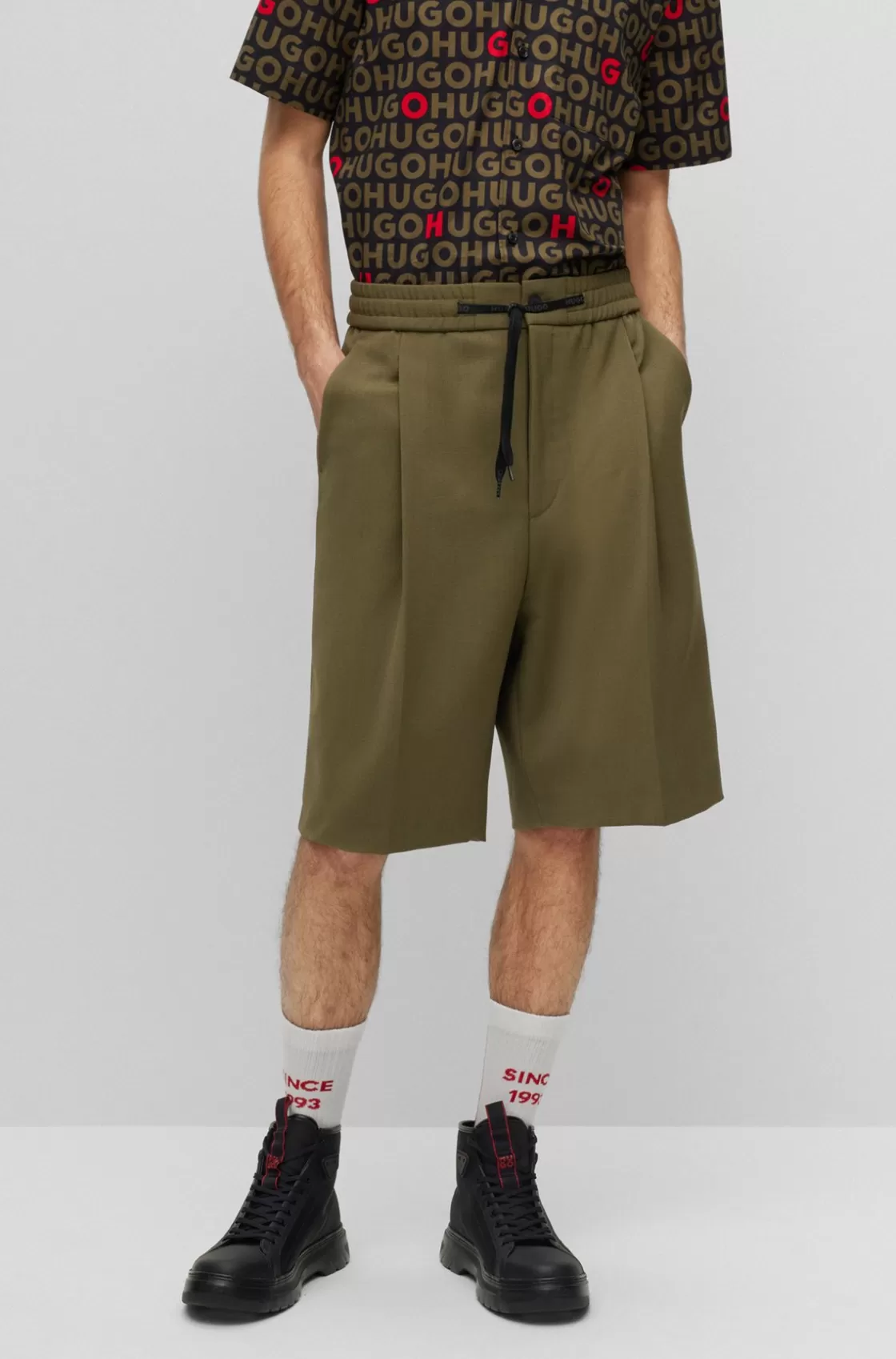 HUGO BOSS Relaxed-fit Shorts In Structured Performance-stretch Fabric Light Green Hot