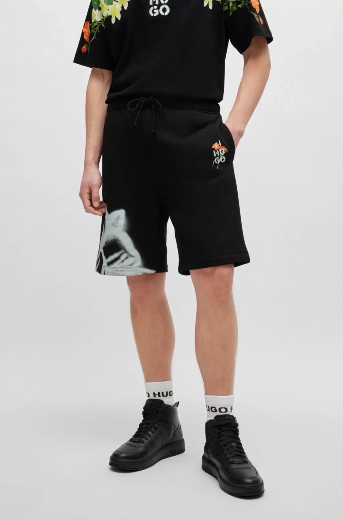 HUGO BOSS Relaxed-fit Shorts With Floral Artwork Black Shop