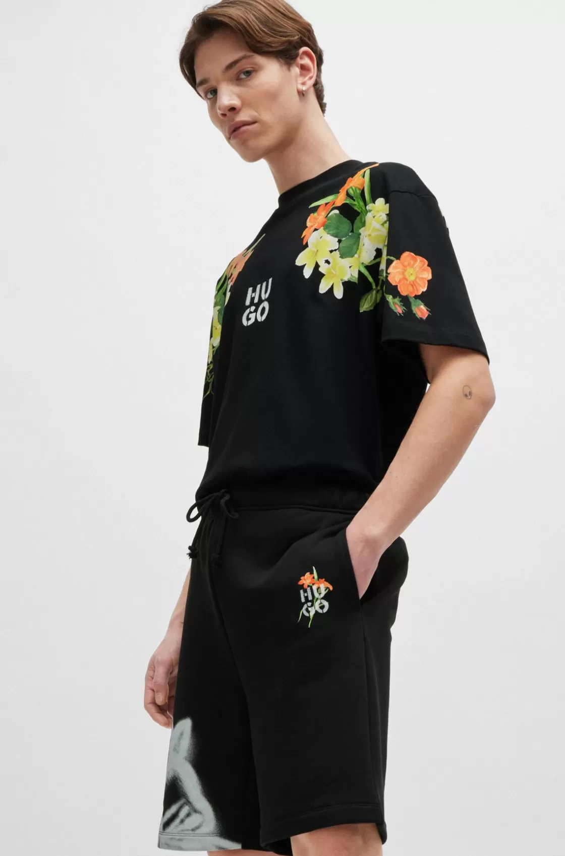 HUGO BOSS Relaxed-fit Shorts With Floral Artwork Black Shop