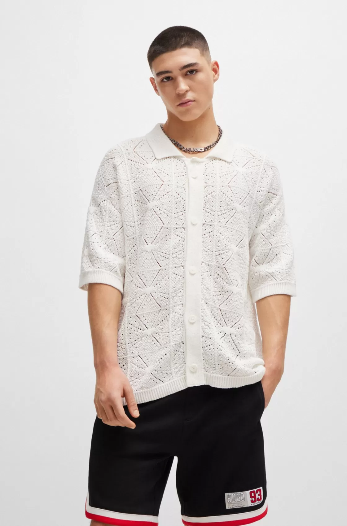 HUGO BOSS Relaxed-fit Short-sleeved Cardigan In Crochet Cotton White Online