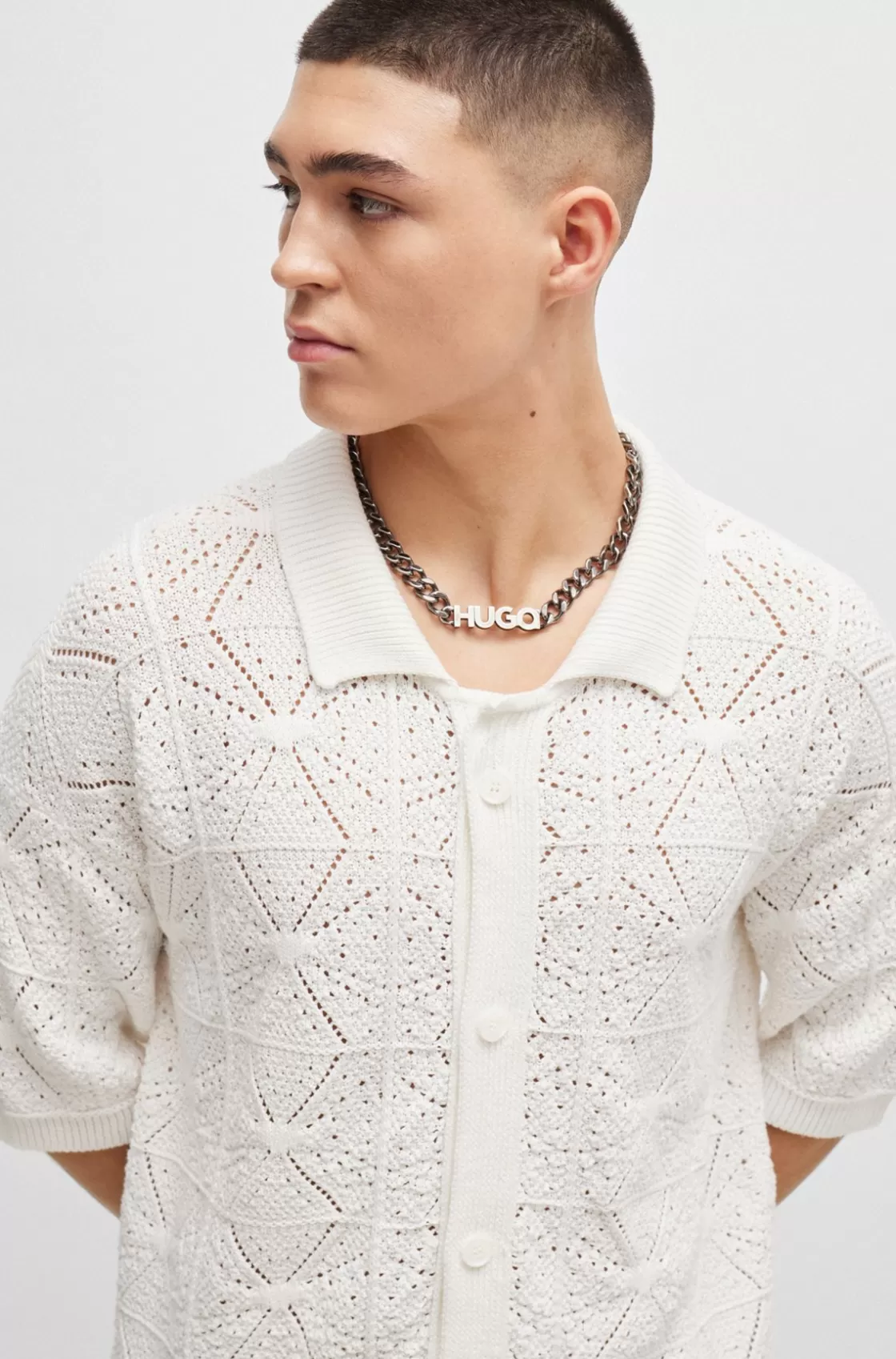 HUGO BOSS Relaxed-fit Short-sleeved Cardigan In Crochet Cotton White Online