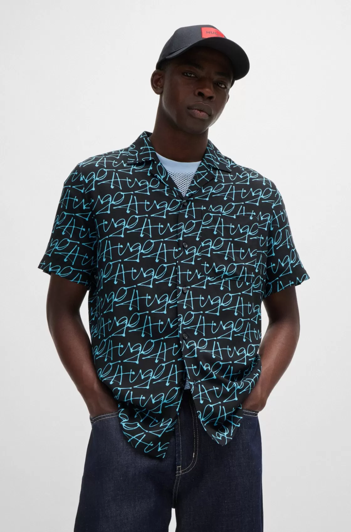 HUGO BOSS Relaxed-fit Short-sleeved Shirt With Seasonal Print Turquoise New