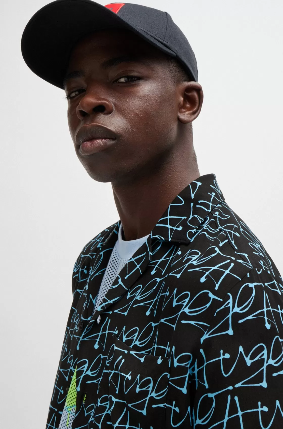 HUGO BOSS Relaxed-fit Short-sleeved Shirt With Seasonal Print Turquoise New