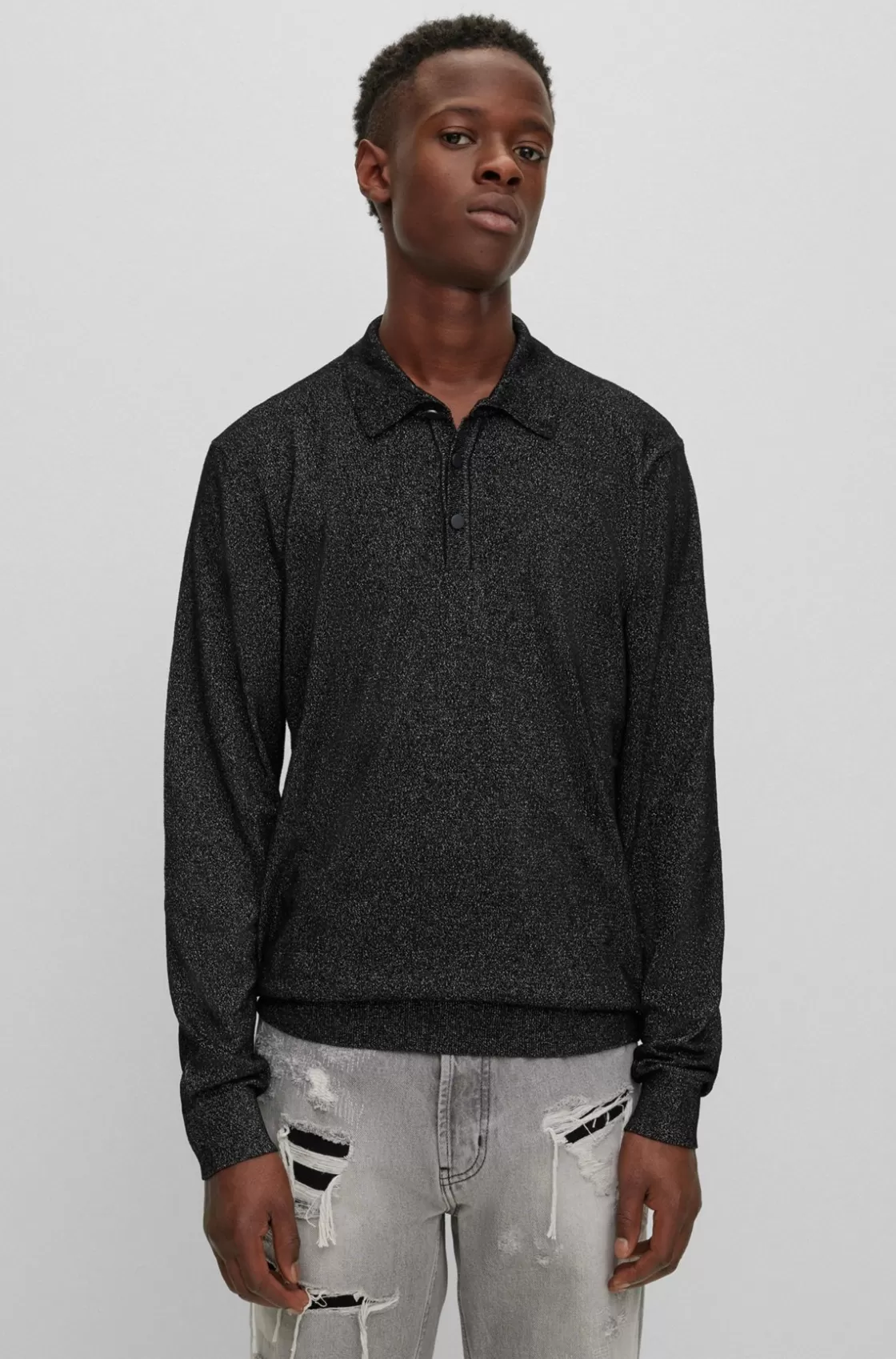 HUGO BOSS Relaxed-fit Sparkle-effect Polo Sweater Black Cheap