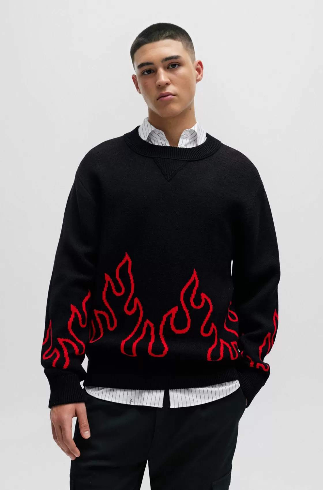 HUGO BOSS Relaxed-fit Sweater With Flame Jacquard In Wool Blend Black New