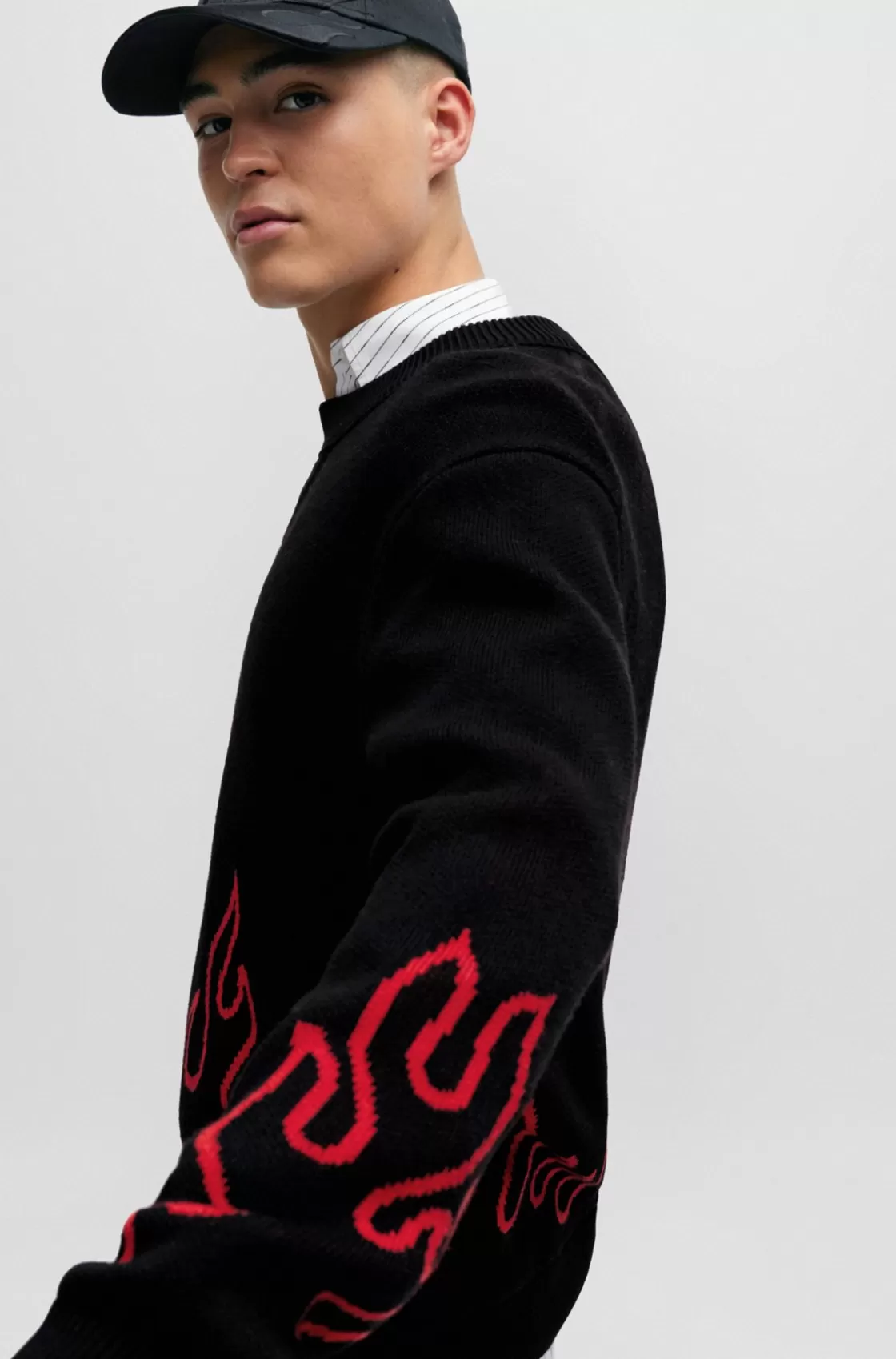 HUGO BOSS Relaxed-fit Sweater With Flame Jacquard In Wool Blend Black New
