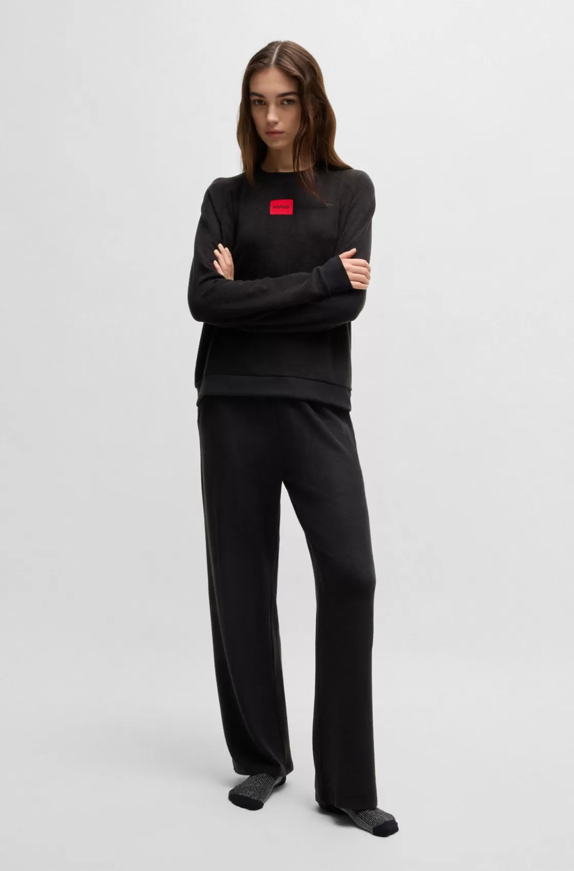 HUGO BOSS Relaxed-fit Sweatshirt In Terry With Red Logo Label Black Shop