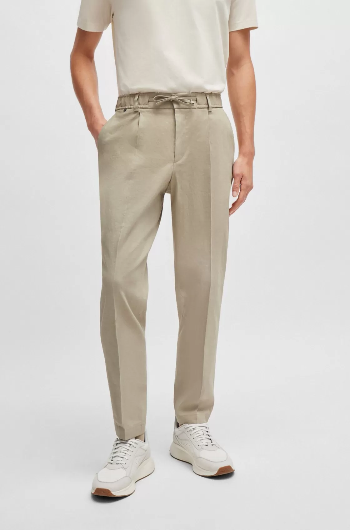 HUGO BOSS Relaxed-fit Trousers In A Linen Blend Khaki Fashion