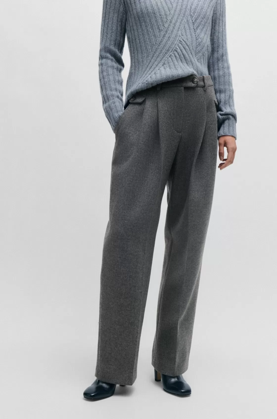 HUGO BOSS Relaxed-fit Trousers In A Melange Wool Blend Silver Cheap