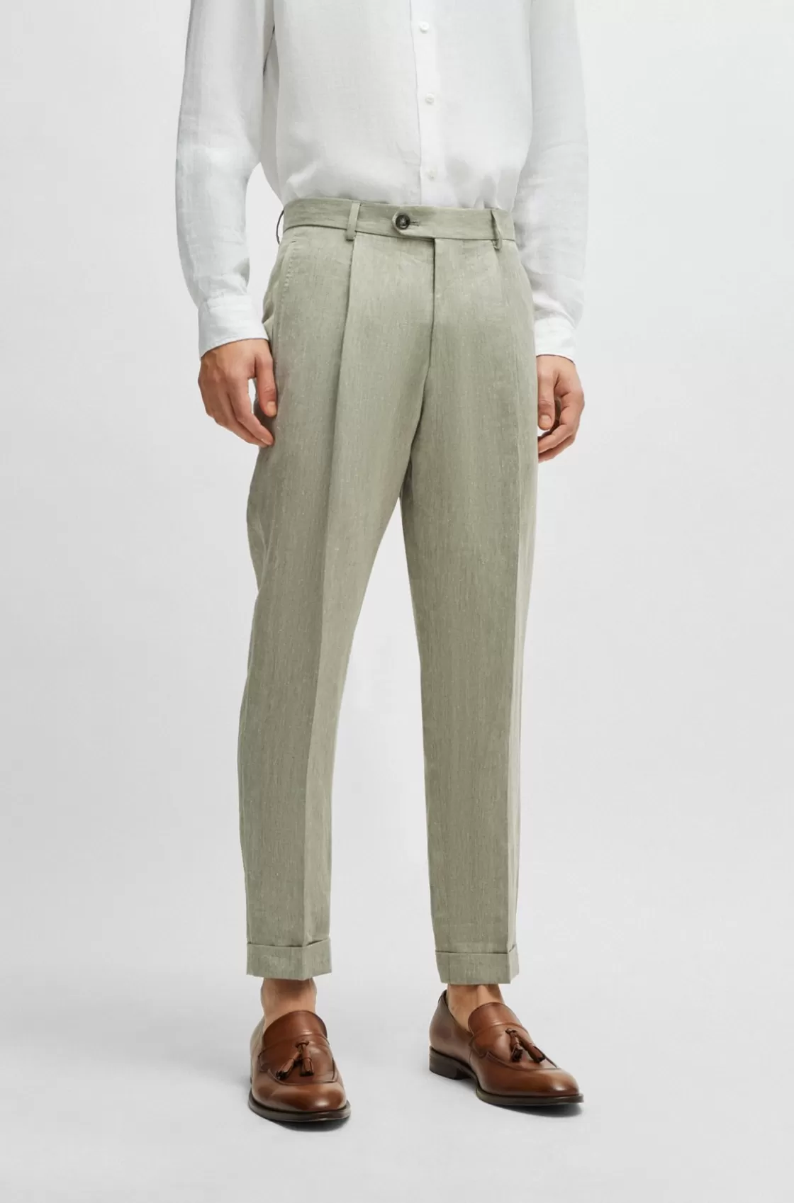 HUGO BOSS Relaxed-fit Trousers In Herringbone Linen And Silk Light Green Shop