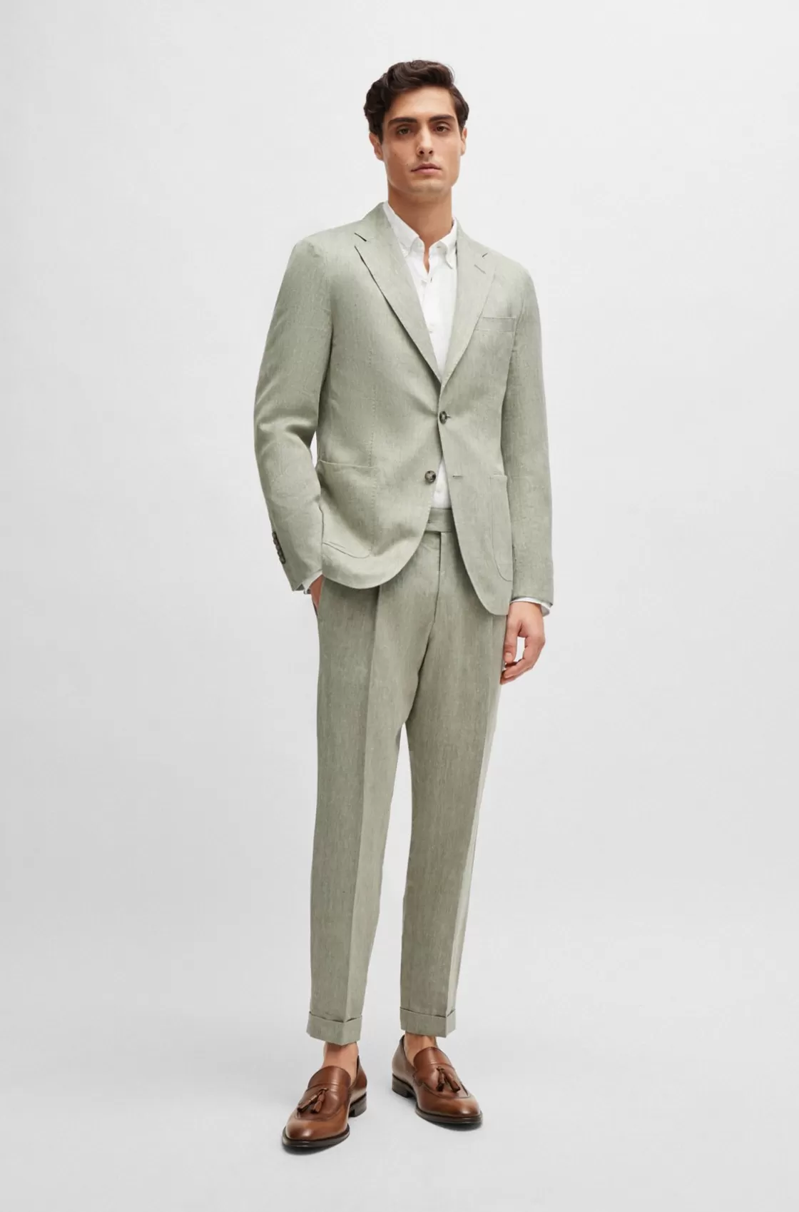 HUGO BOSS Relaxed-fit Trousers In Herringbone Linen And Silk Light Green Shop