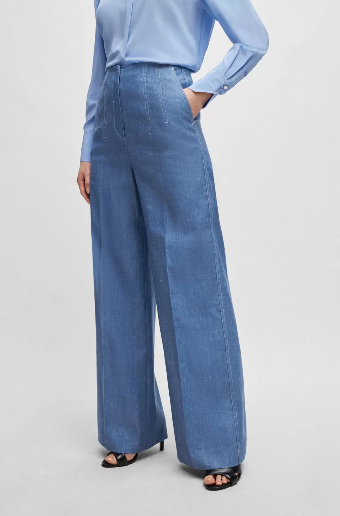 HUGO BOSS Relaxed-fit Trousers In Linen, Cotton And Stretch Light Blue Best