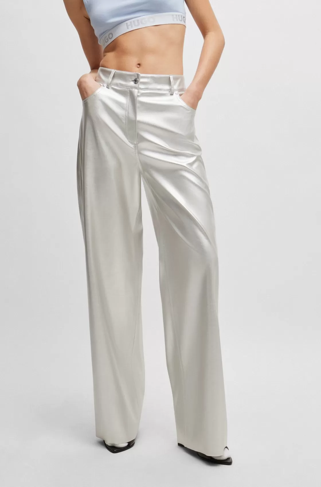 HUGO BOSS Relaxed-fit Trousers In Metallic Faux Leather Silver Best