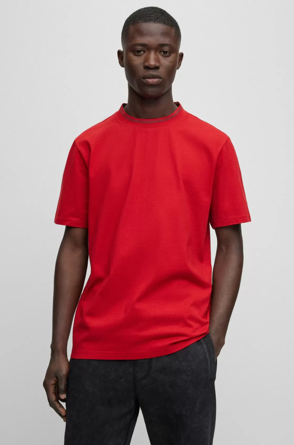 HUGO BOSS Relaxed-fit T-shirt In Cotton Jersey With Detailed Collarband Red Cheap