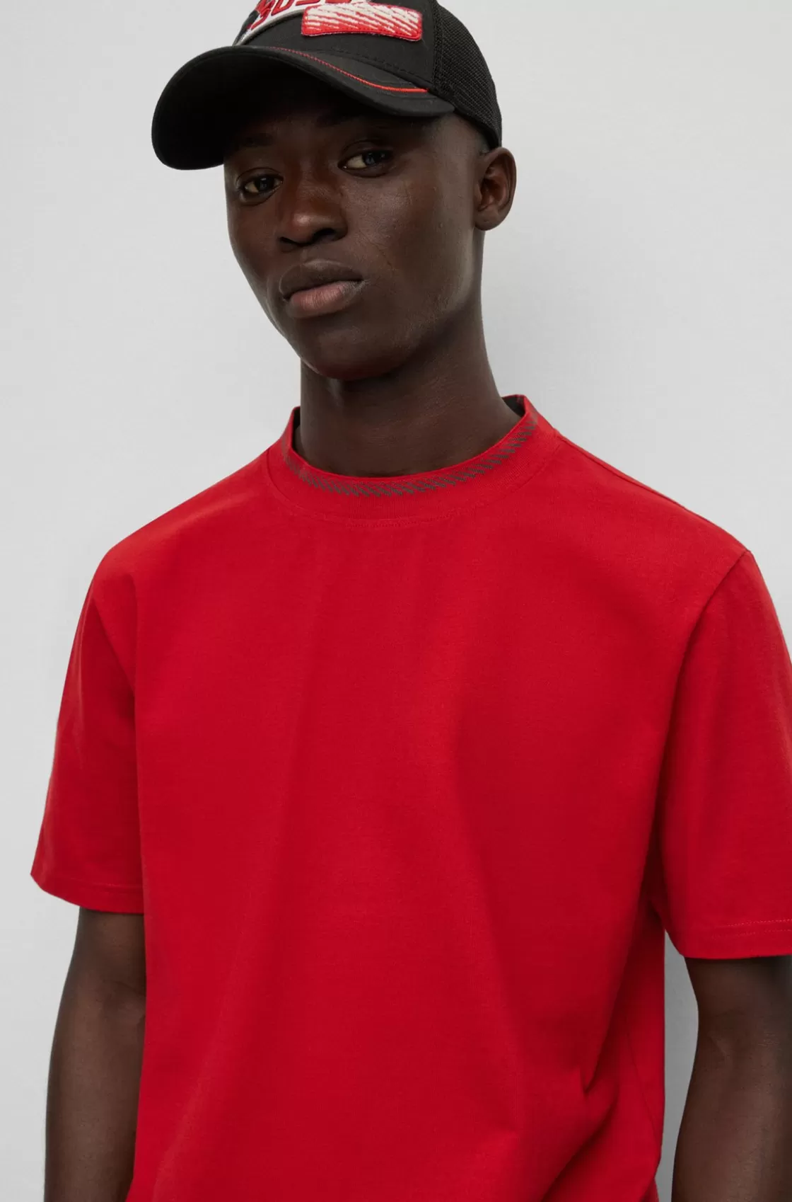 HUGO BOSS Relaxed-fit T-shirt In Cotton Jersey With Detailed Collarband Red Cheap