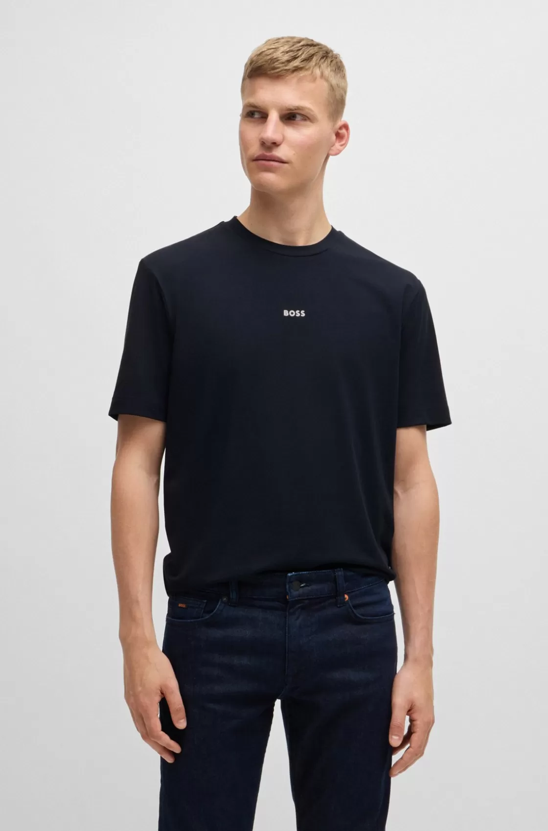 HUGO BOSS Relaxed-fit T-shirt In Stretch Cotton With Logo Print Dark Blue New