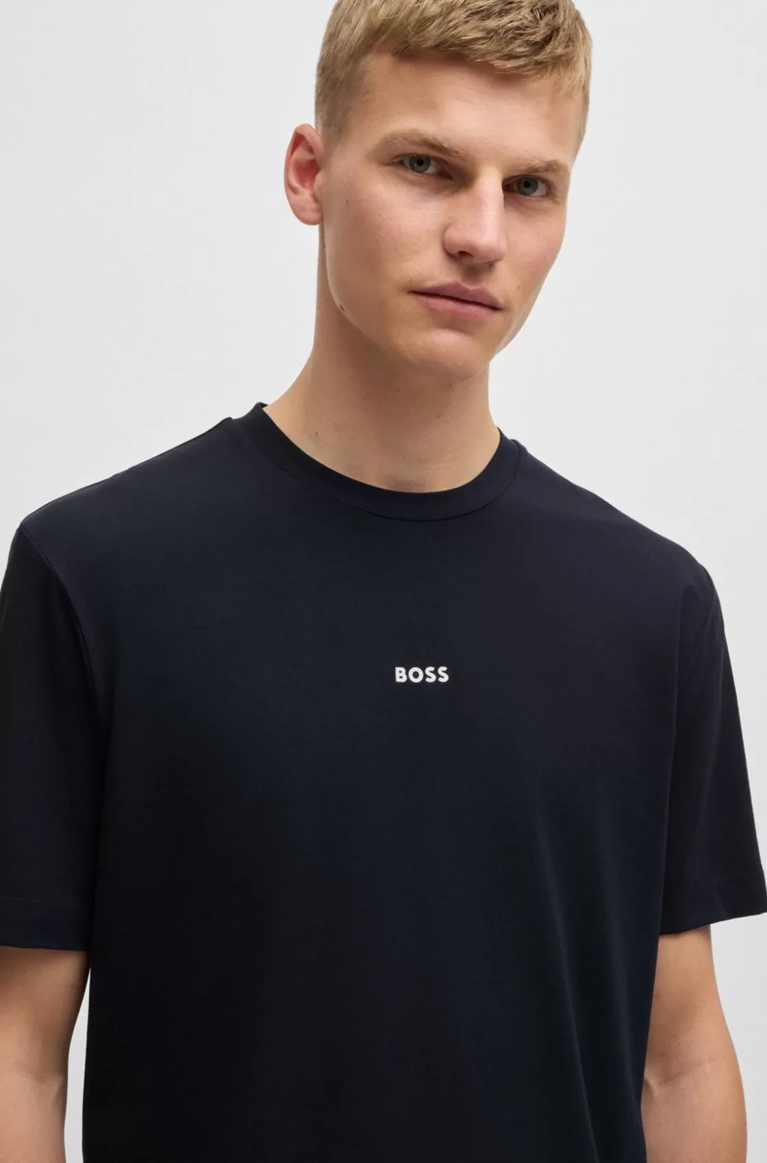 HUGO BOSS Relaxed-fit T-shirt In Stretch Cotton With Logo Print Dark Blue New