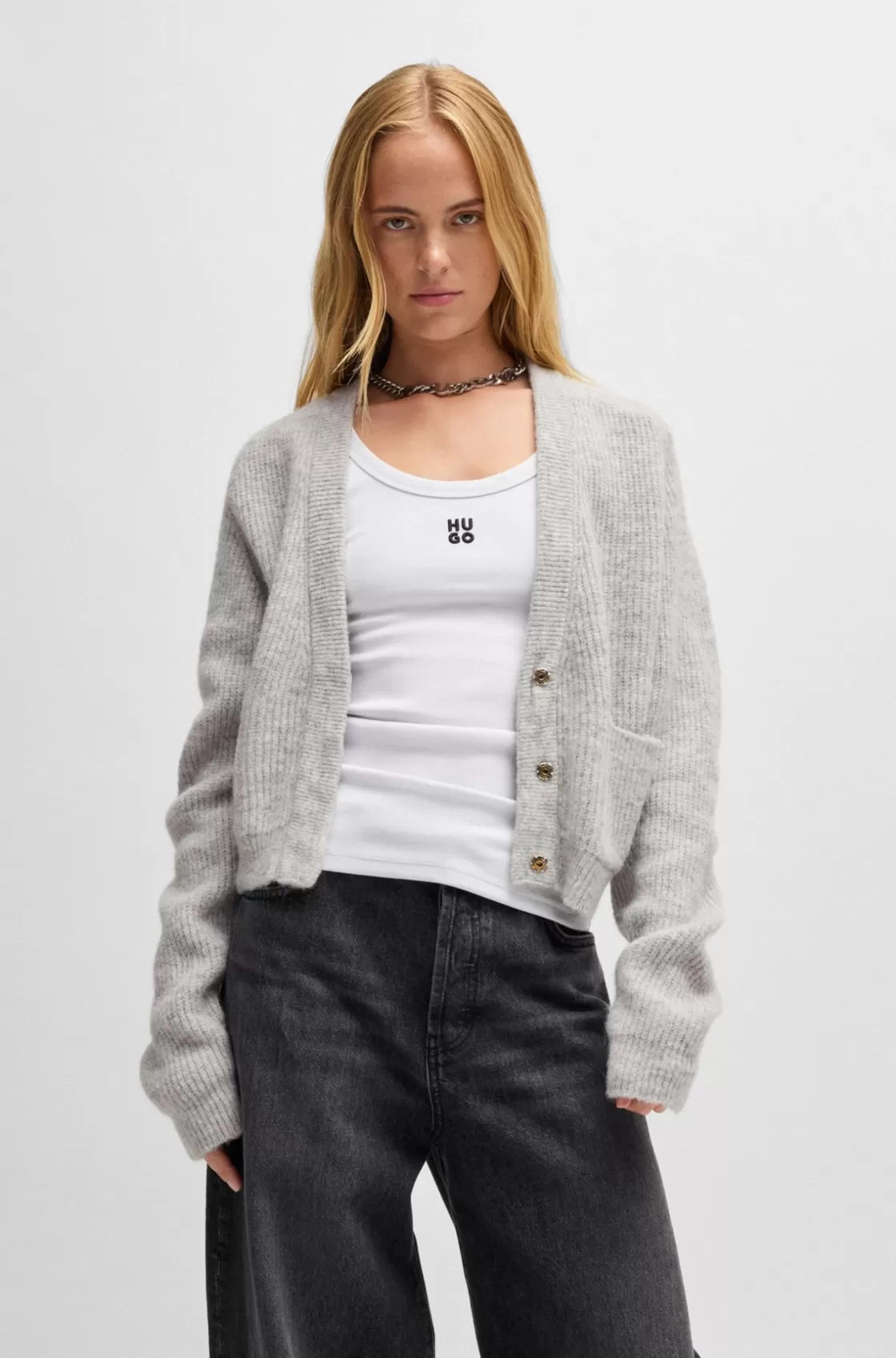 HUGO BOSS Relaxed-fit V-neck Cardigan With Stacked Logo Grey New