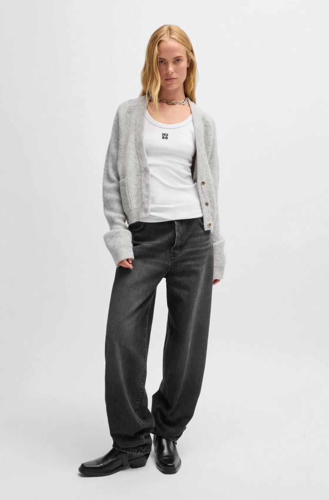 HUGO BOSS Relaxed-fit V-neck Cardigan With Stacked Logo Grey New