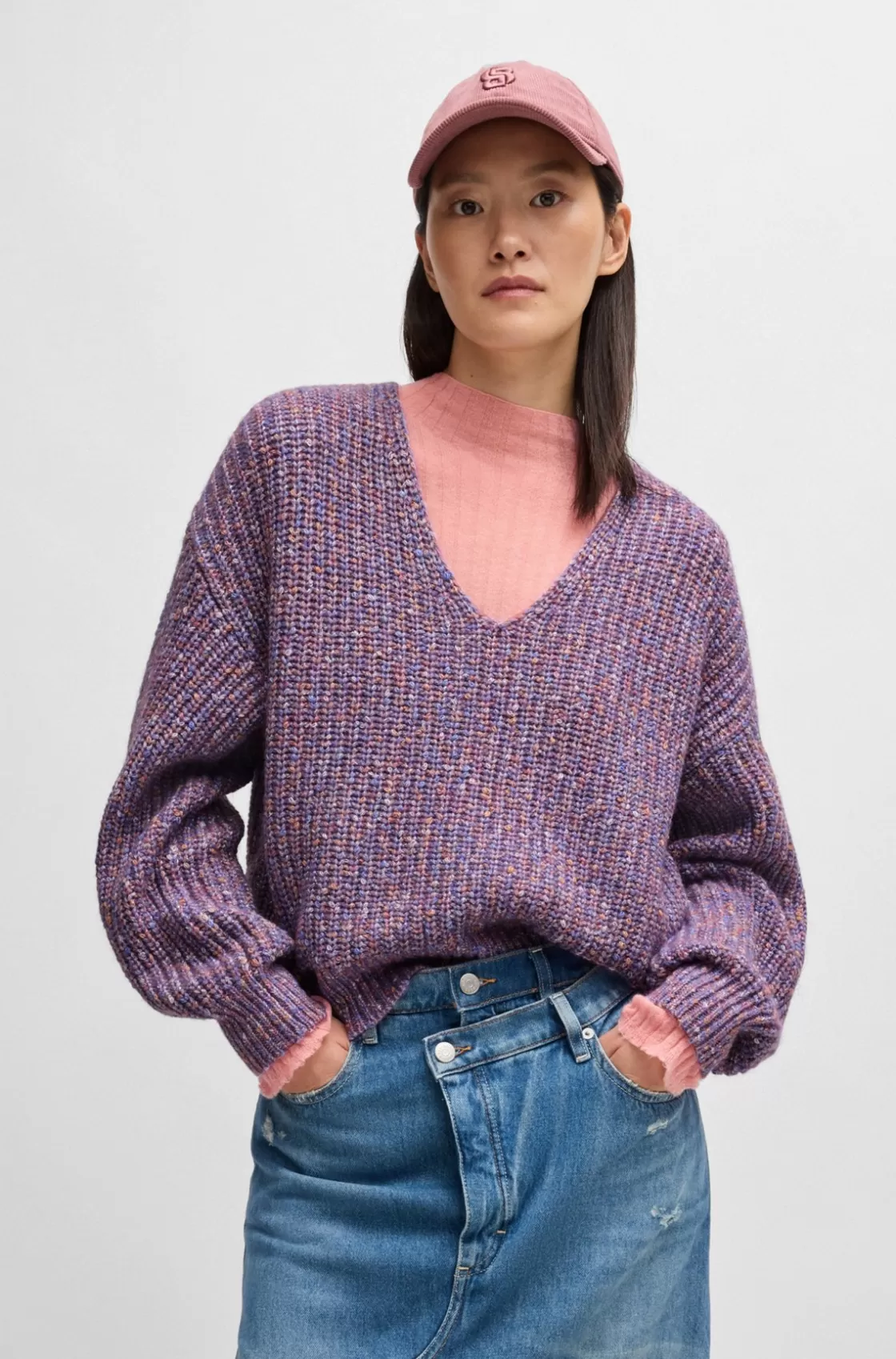 HUGO BOSS Relaxed-fit V-neck Sweater In A Ribbed Knit Patterned Cheap