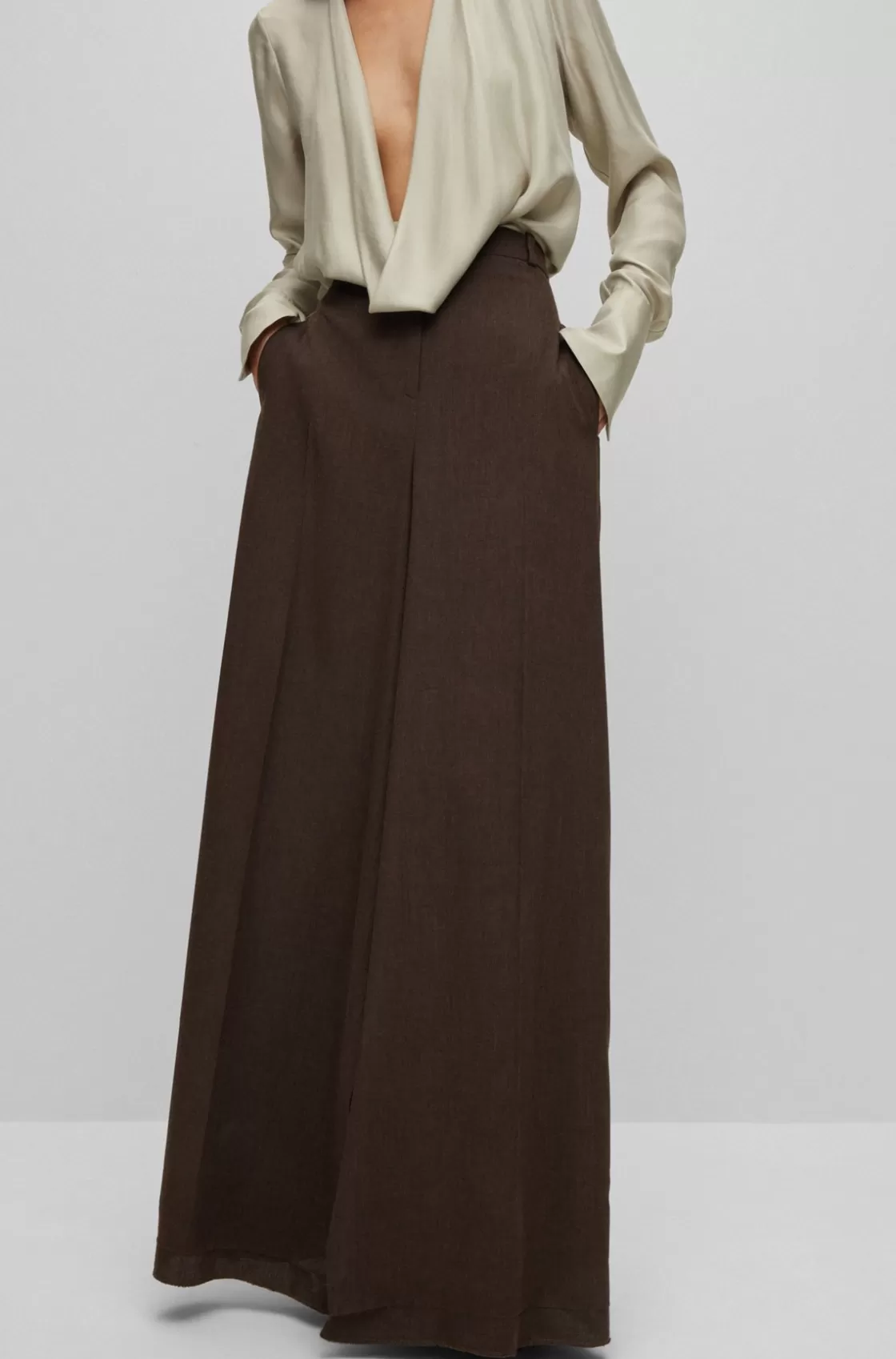 HUGO BOSS Relaxed-fit, Wide-leg Wool Trousers With Skirt Effect Dark Brown Sale