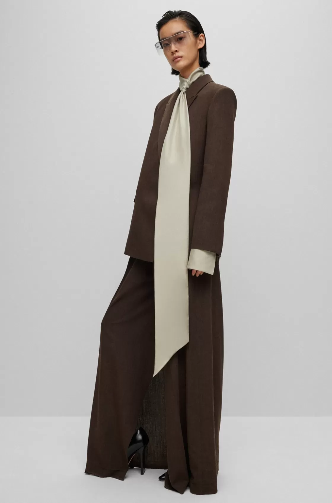 HUGO BOSS Relaxed-fit, Wide-leg Wool Trousers With Skirt Effect Dark Brown Sale
