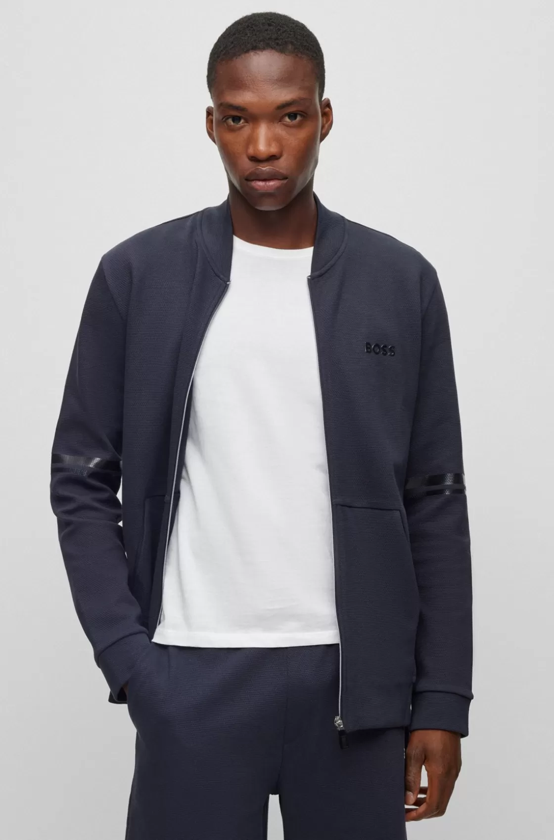 HUGO BOSS Relaxed-fit Zip-up Sweatshirt With Mirror-effect Stripes Dark Blue Cheap