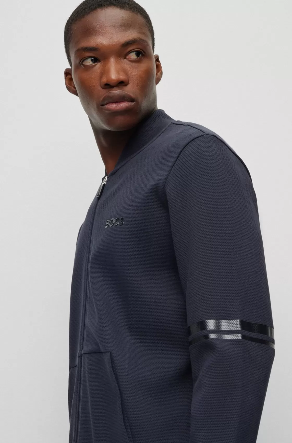 HUGO BOSS Relaxed-fit Zip-up Sweatshirt With Mirror-effect Stripes Dark Blue Cheap