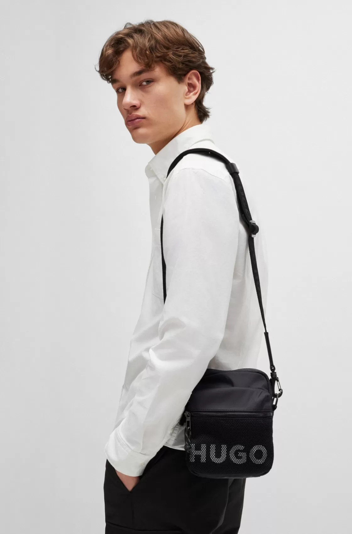 HUGO BOSS Reporter Bag With Contrast Logo And Mesh Overlay Black Store
