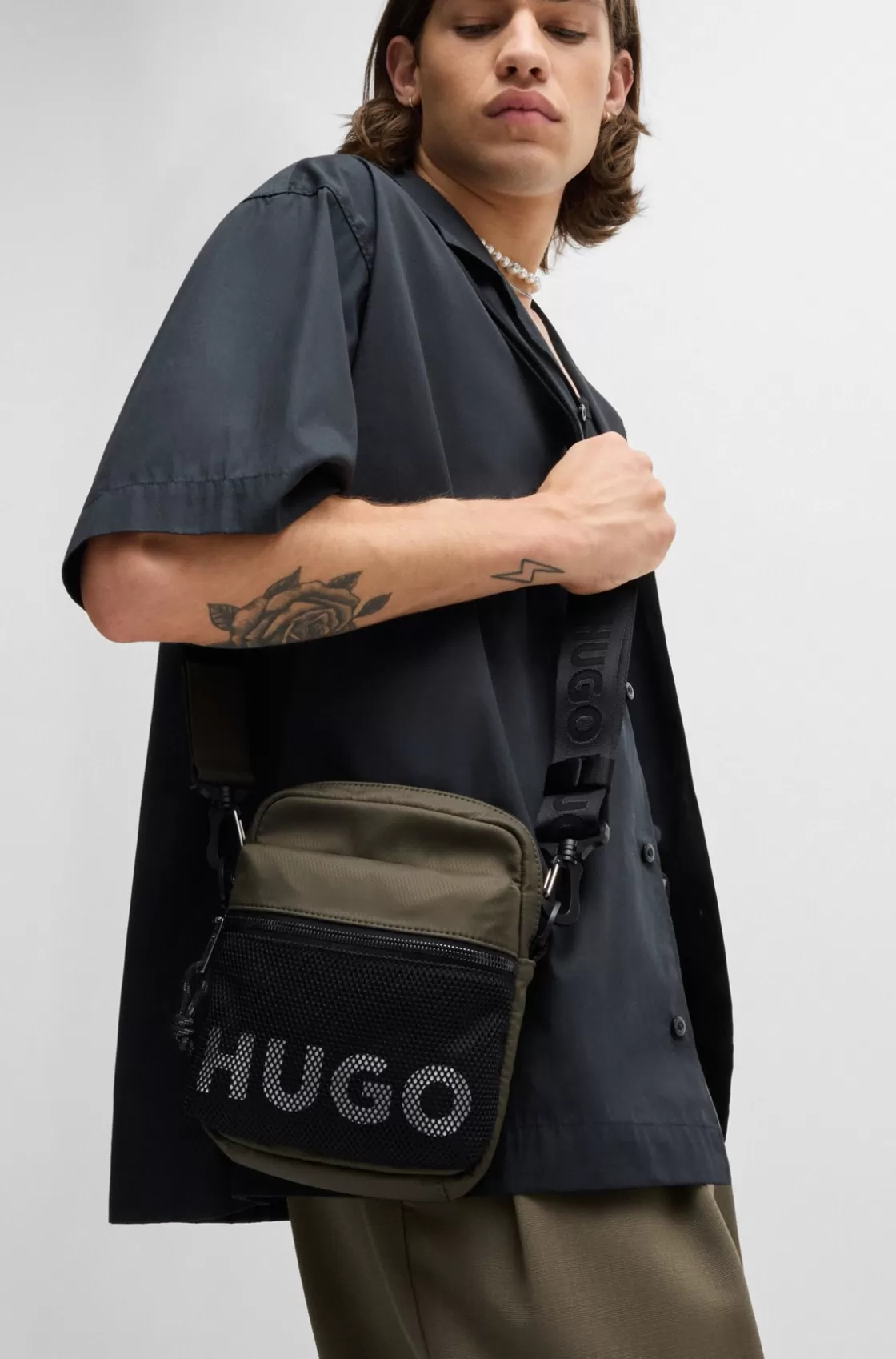 HUGO BOSS Reporter Bag With Contrast Logo And Mesh Overlay Khaki Fashion