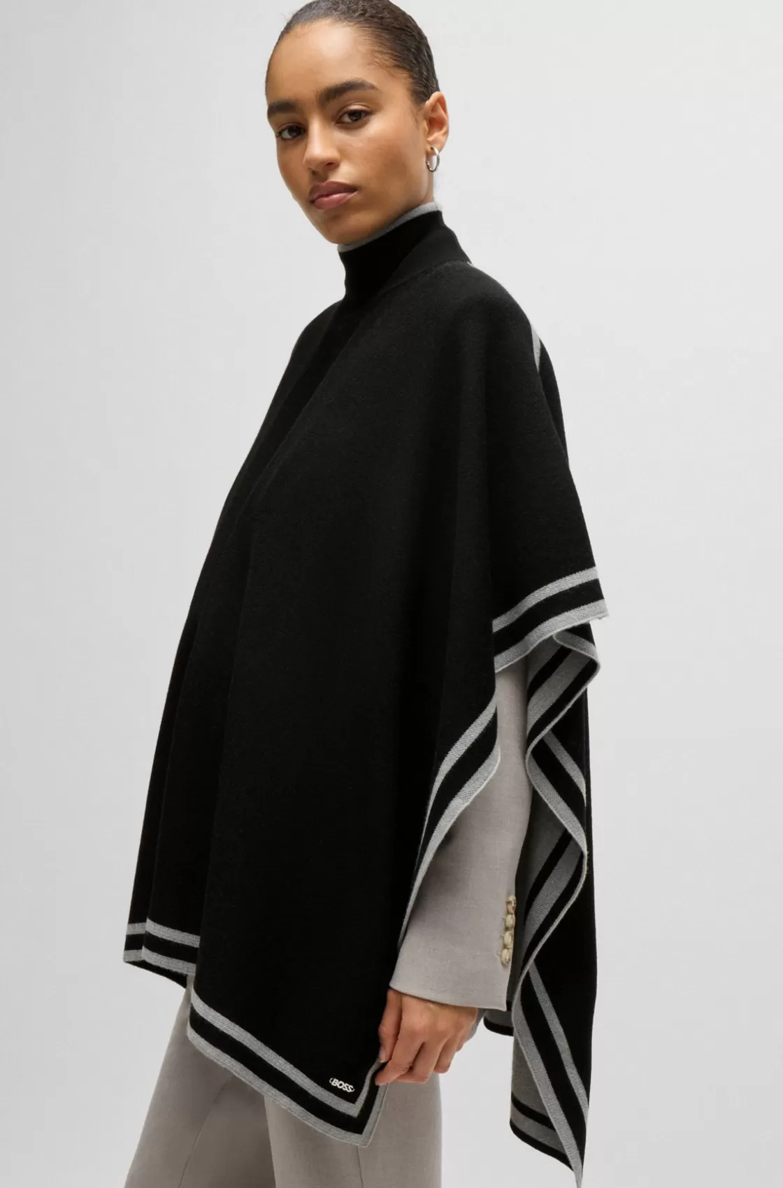 HUGO BOSS Reversible Poncho In Wool With Striped Border Black Outlet