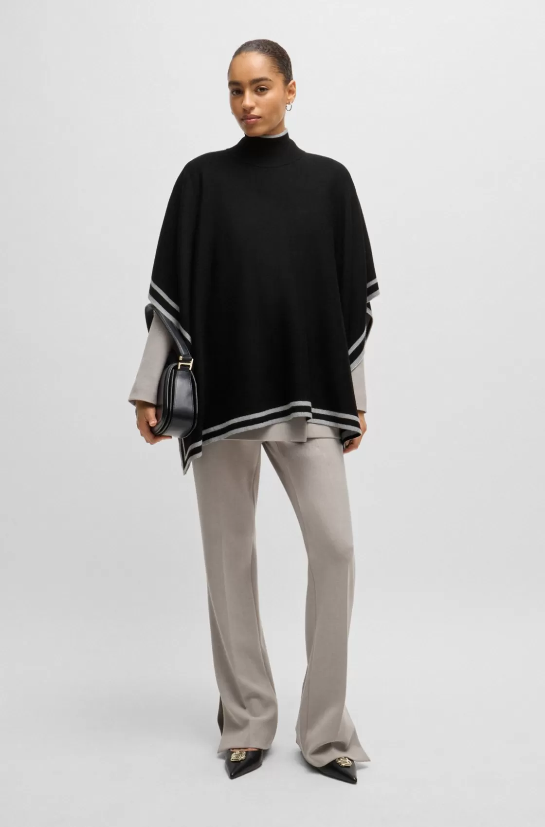 HUGO BOSS Reversible Poncho In Wool With Striped Border Black Outlet