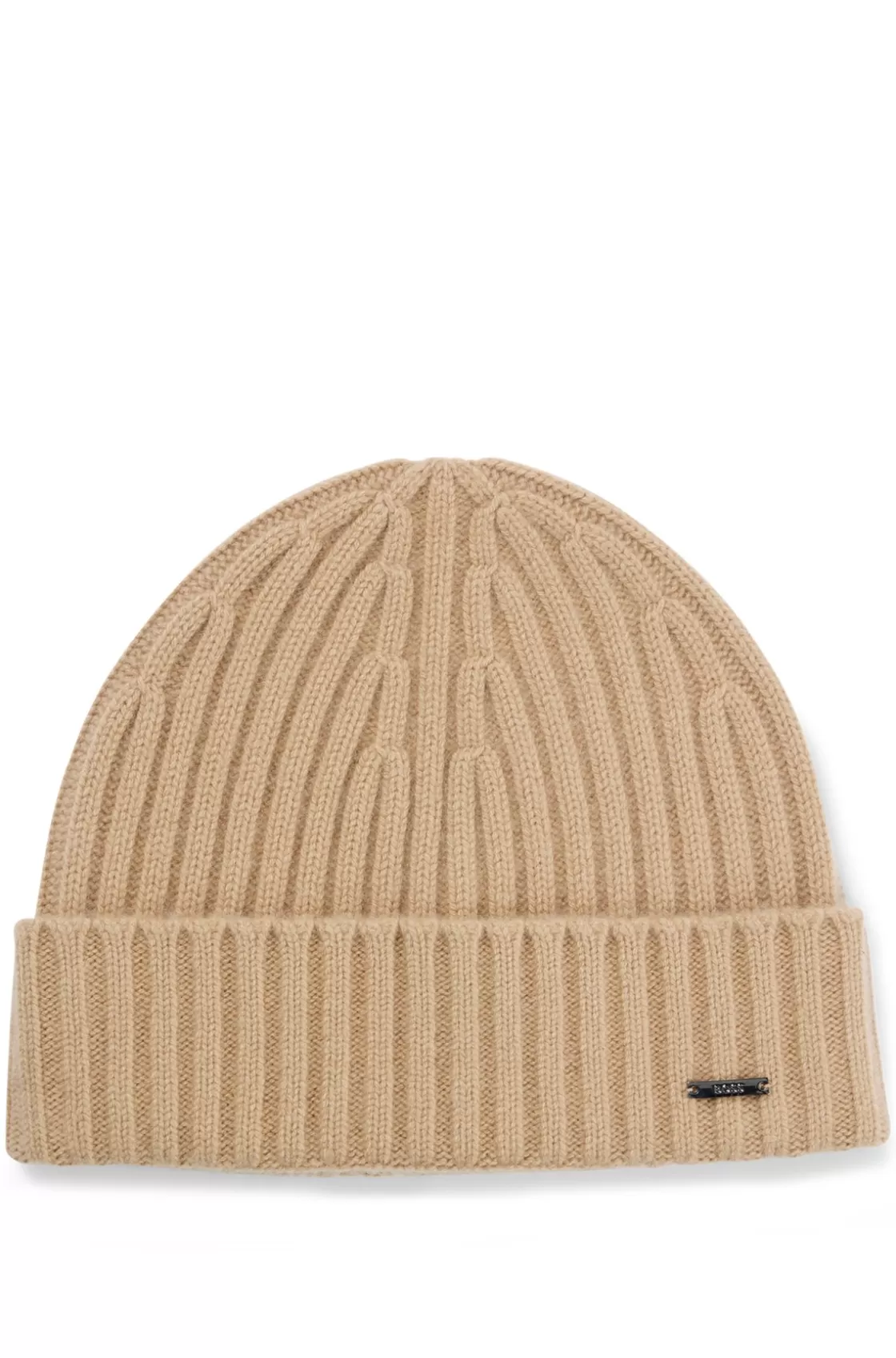 HUGO BOSS Ribbed Beanie Hat In Cashmere Beige New