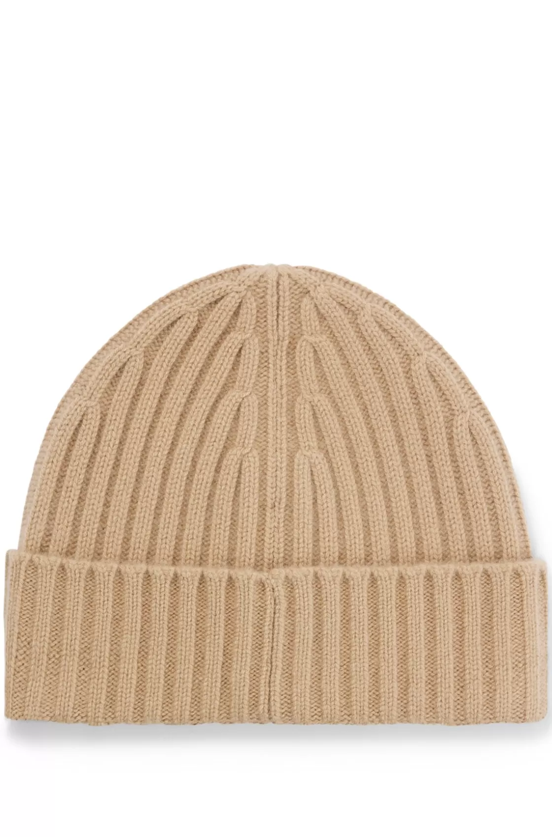 HUGO BOSS Ribbed Beanie Hat In Cashmere Beige New