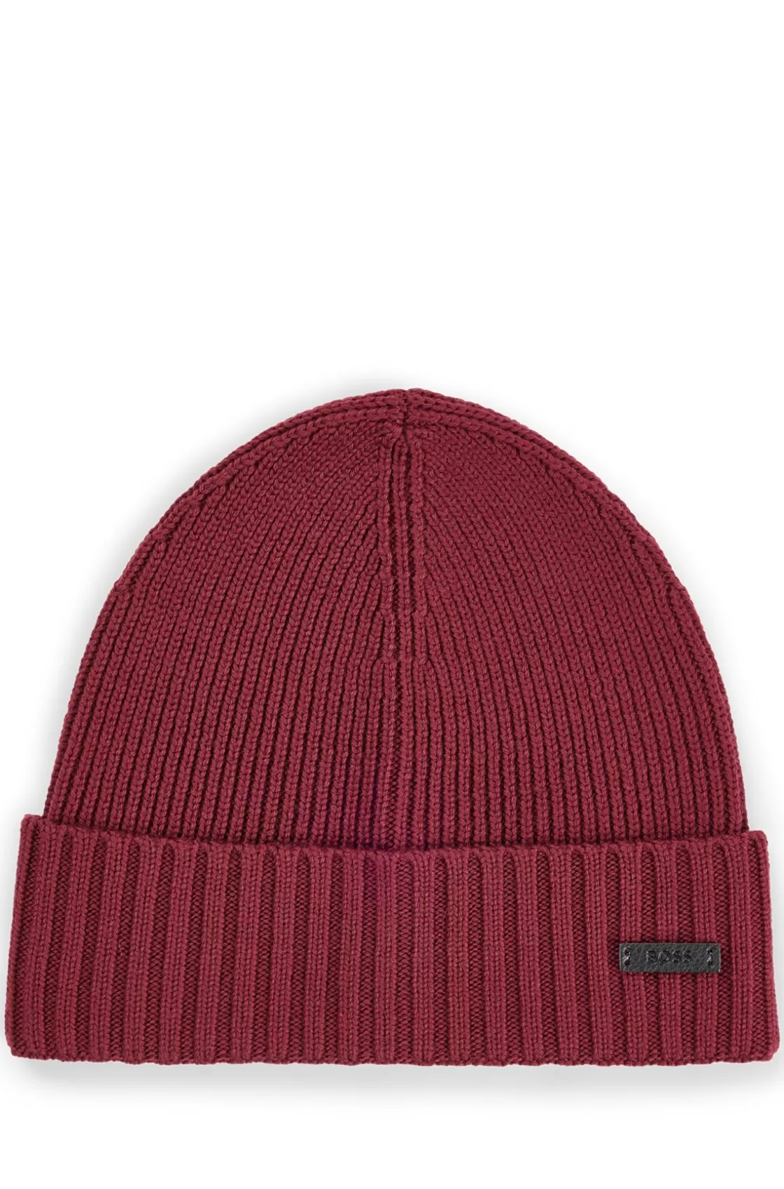HUGO BOSS Ribbed Beanie Hat In Virgin Wool Dark Red Clearance
